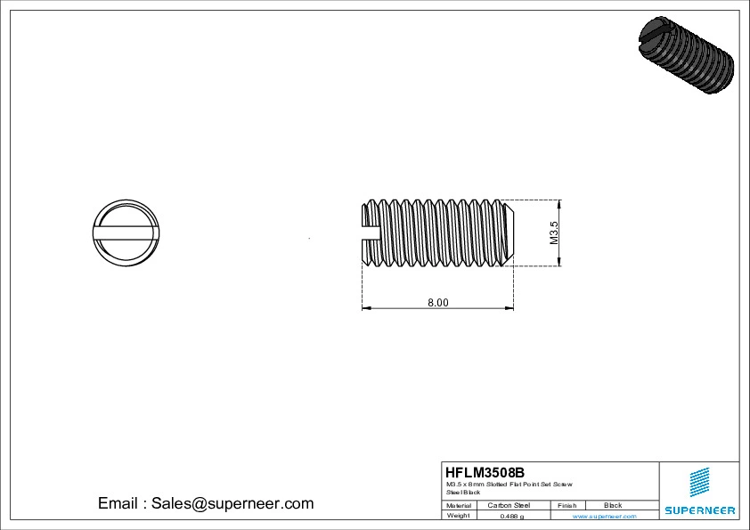 M3.5 x 8mm Slotted Flat Point Set Screw Steel Black 