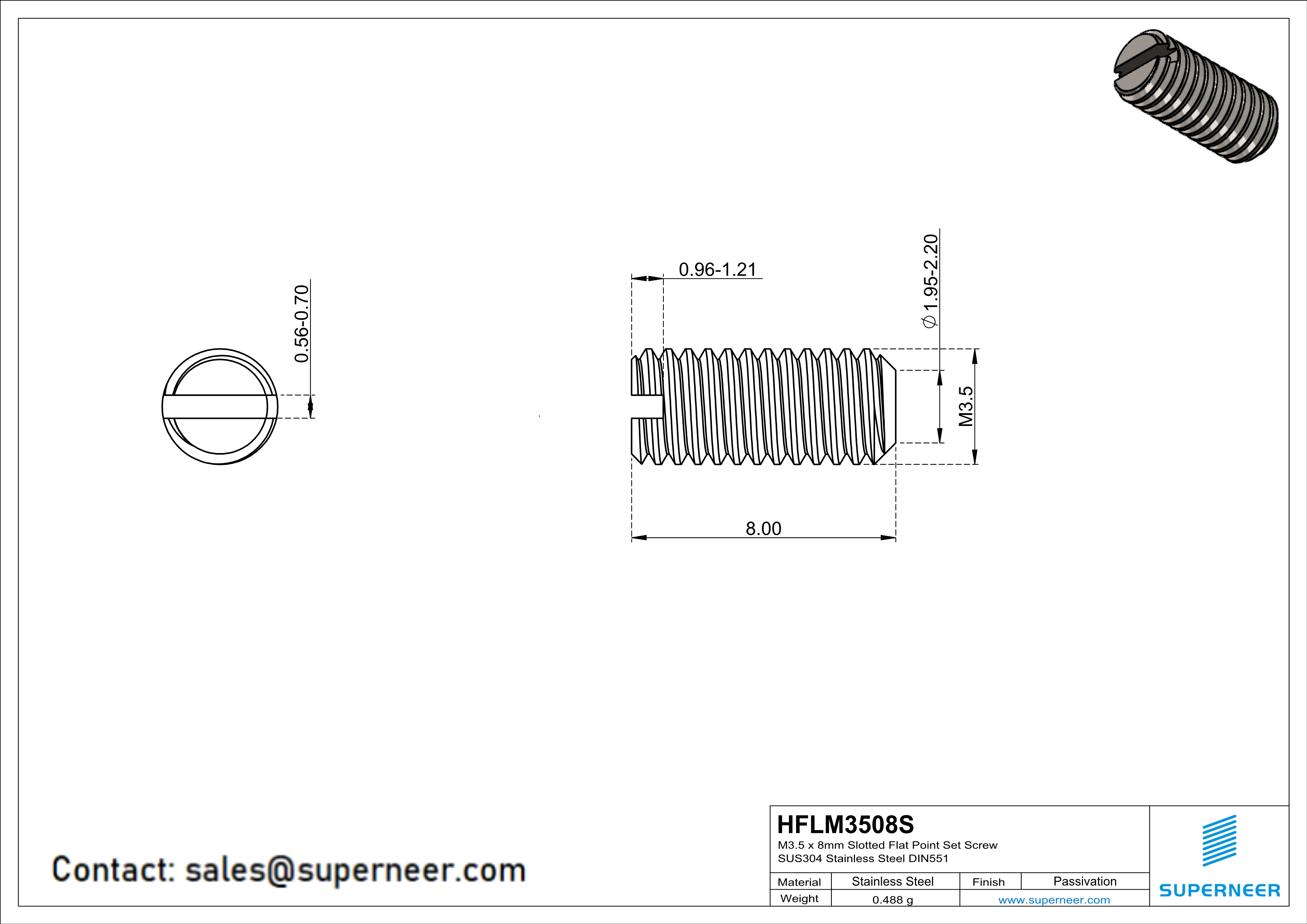 M3.5 x 8mm Slotted Flat Point Set Screw SUS304 Stainless Steel Inox 