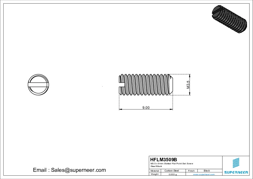 M3.5 x 9mm Slotted Flat Point Set Screw Steel Black 