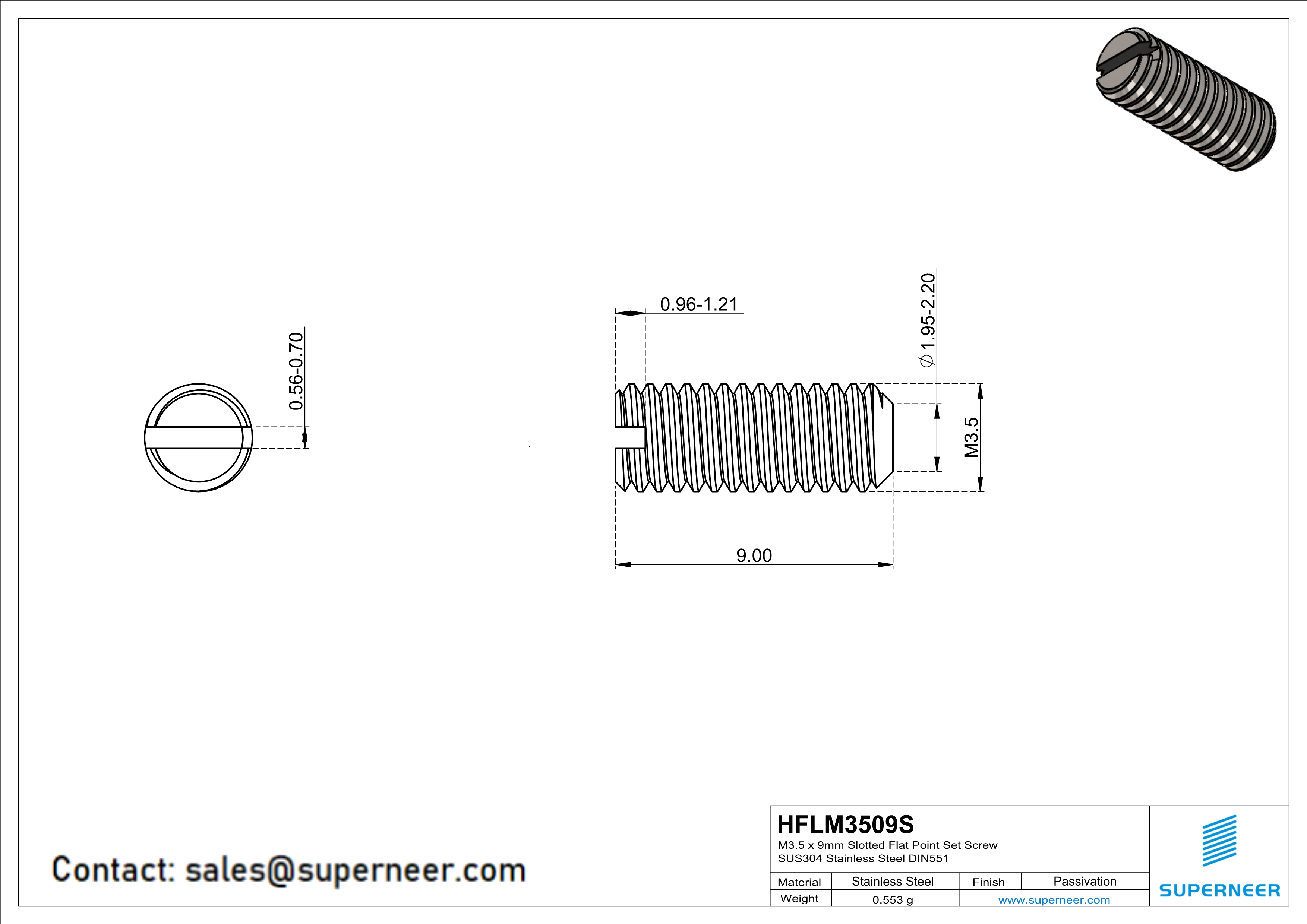 M3.5 x 9mm Slotted Flat Point Set Screw SUS304 Stainless Steel Inox 