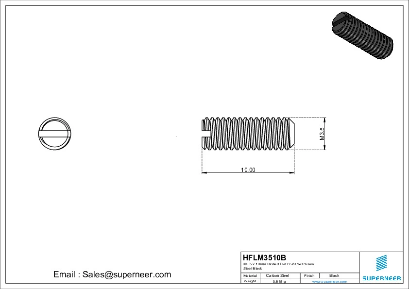 M3.5 x 10mm Slotted Flat Point Set Screw Steel Black 