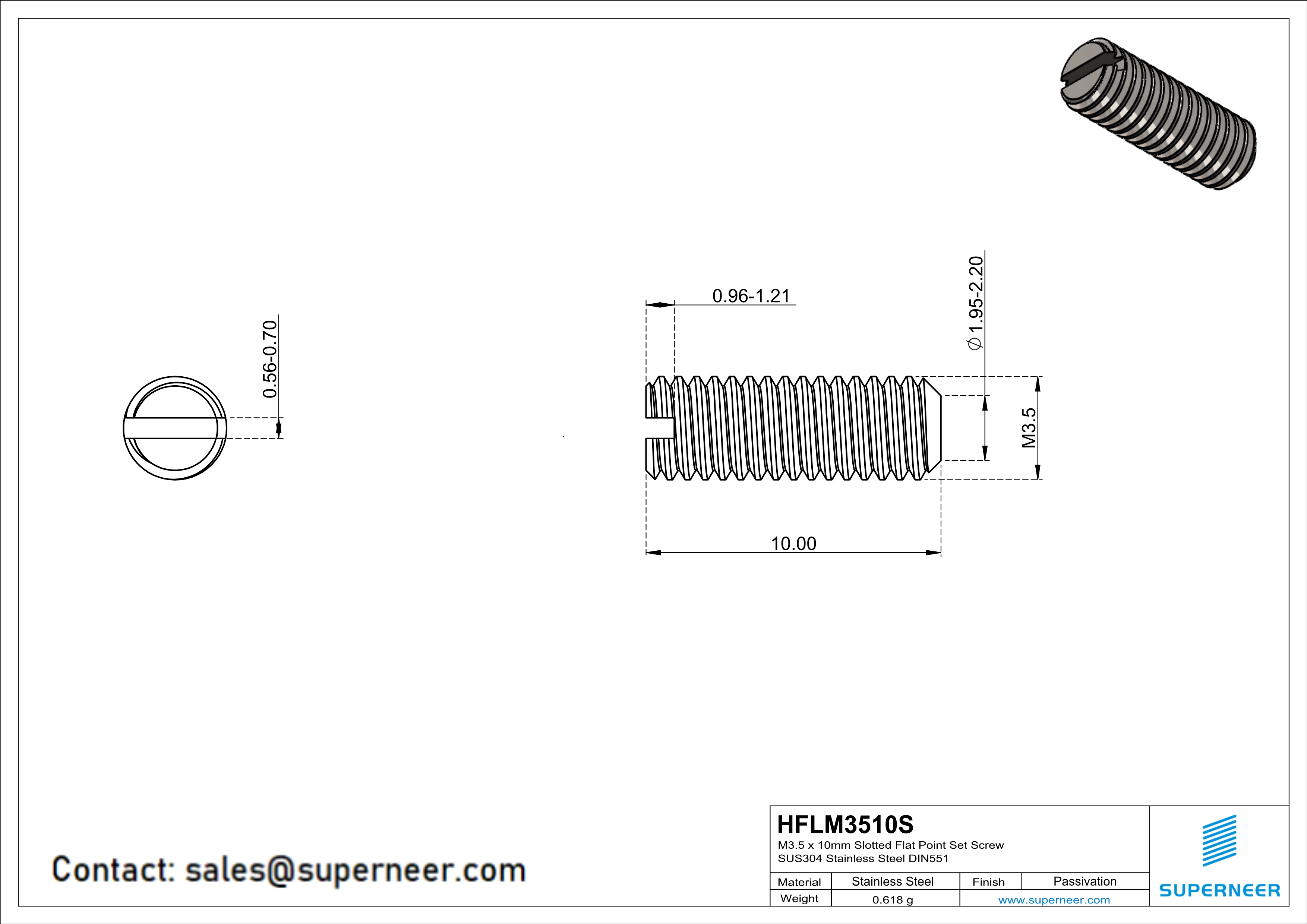 M3.5 x 10mm Slotted Flat Point Set Screw SUS304 Stainless Steel Inox 