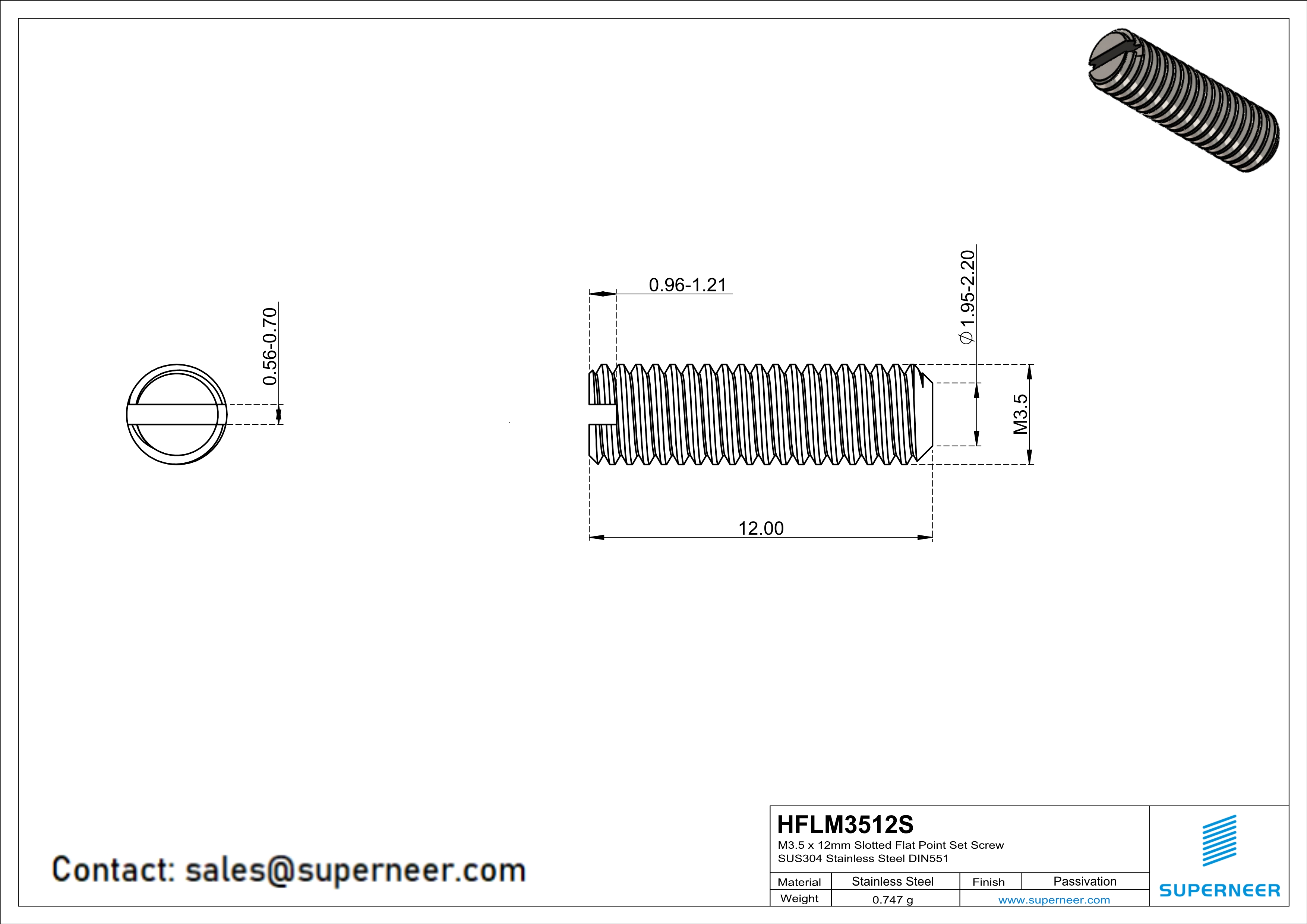 M3.5 x 12mm Slotted Flat Point Set Screw SUS304 Stainless Steel Inox 