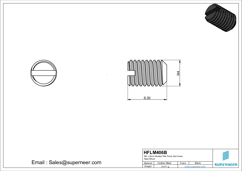 M4 x 6mm Slotted Flat Point Set Screw Steel Black 