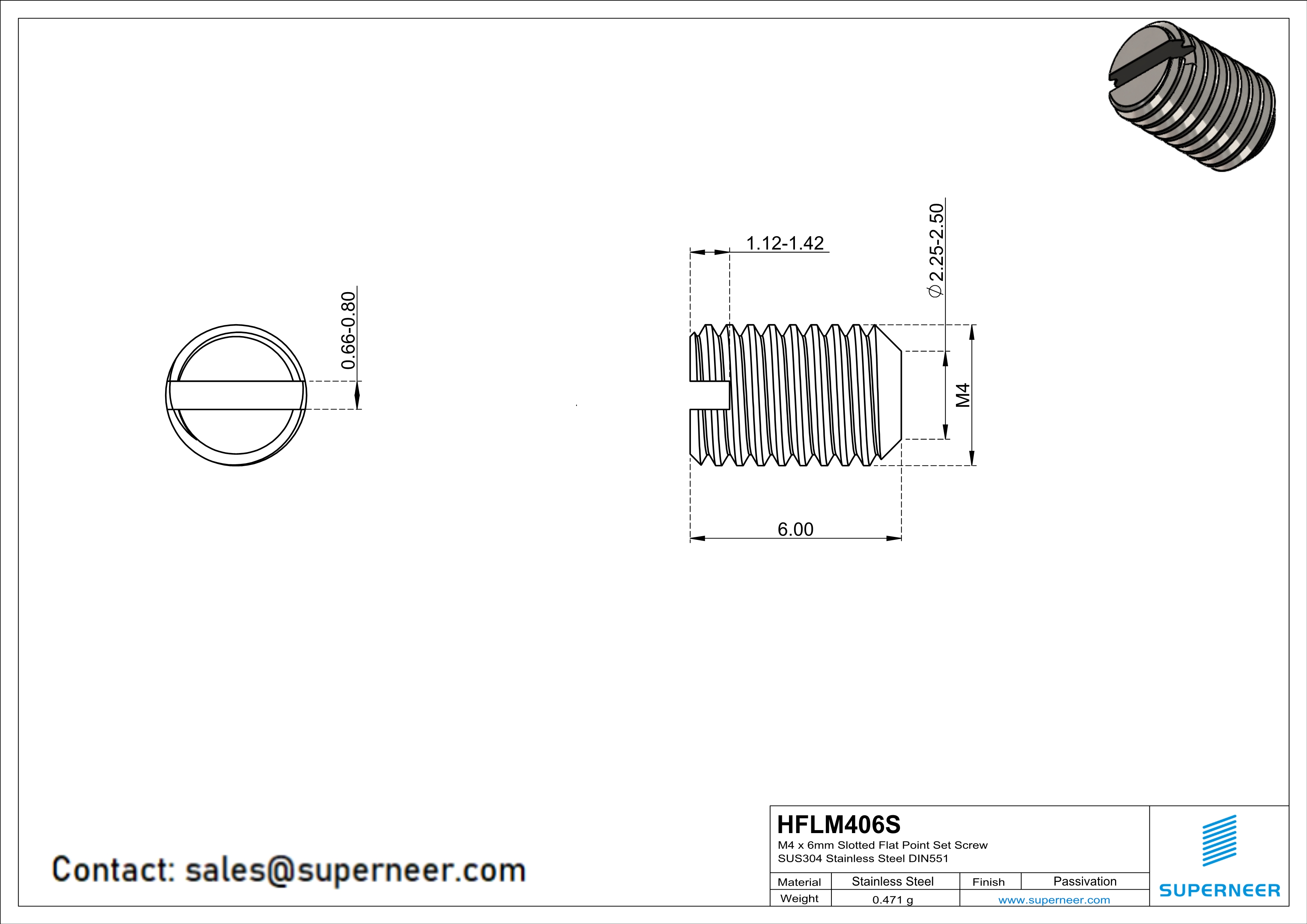 M4 x 6mm Slotted Flat Point Set Screw SUS304 Stainless Steel Inox 