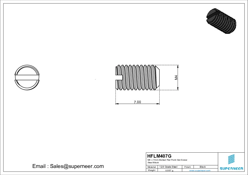 M4 x 7mm Slotted Flat Point Set Screw 12.9 Carbon Steel Black 