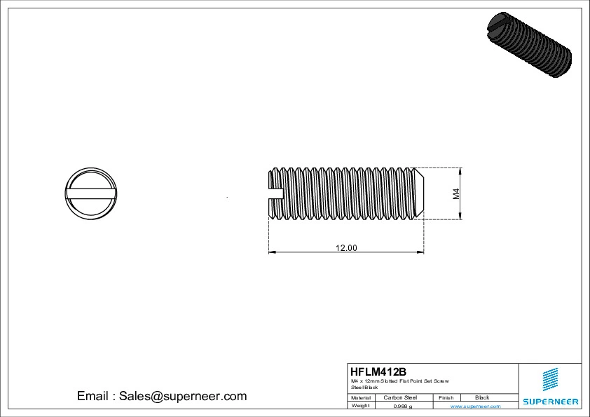 M4 x 12mm Slotted Flat Point Set Screw Steel Black 