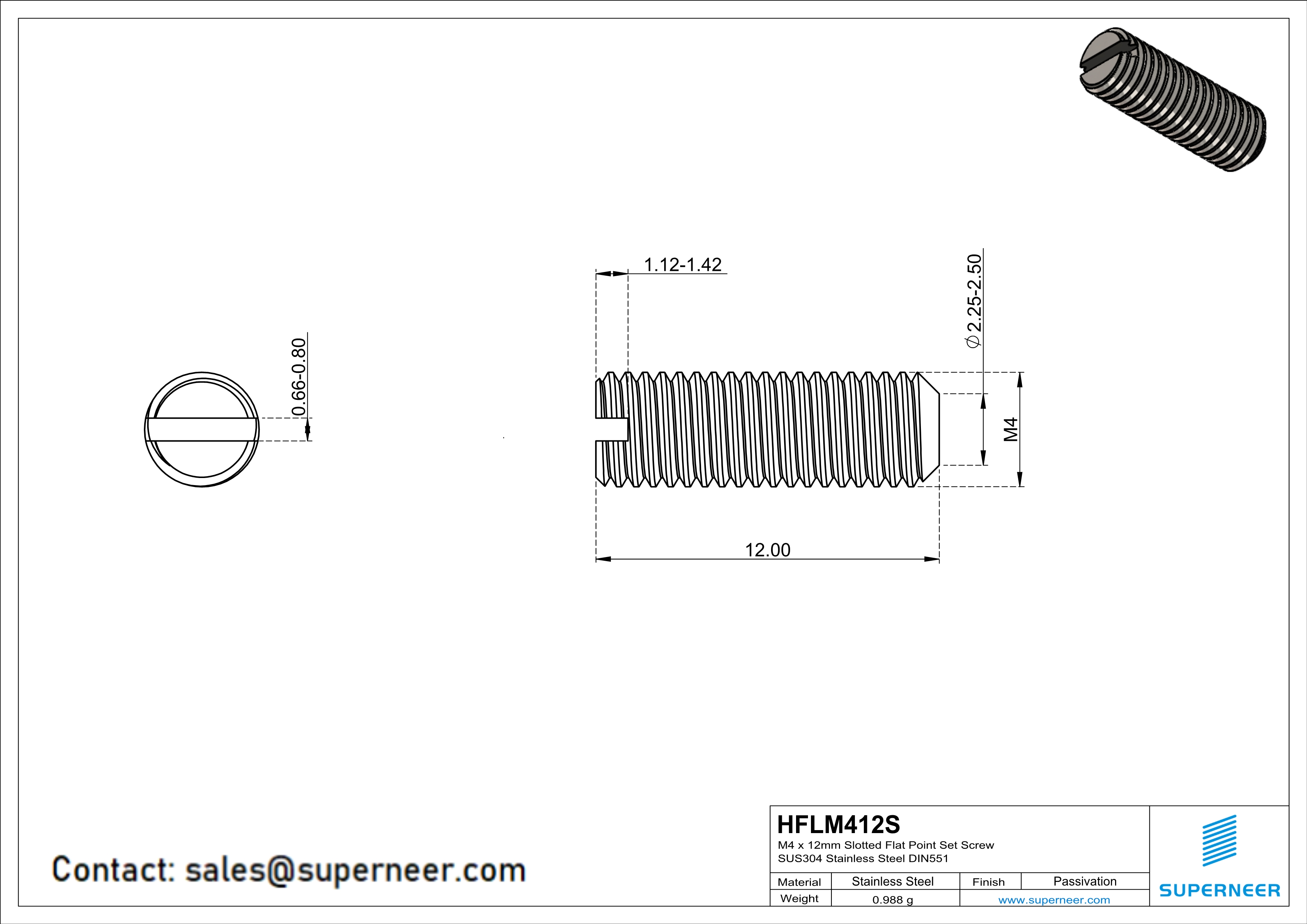 M4 x 12mm Slotted Flat Point Set Screw SUS304 Stainless Steel Inox 