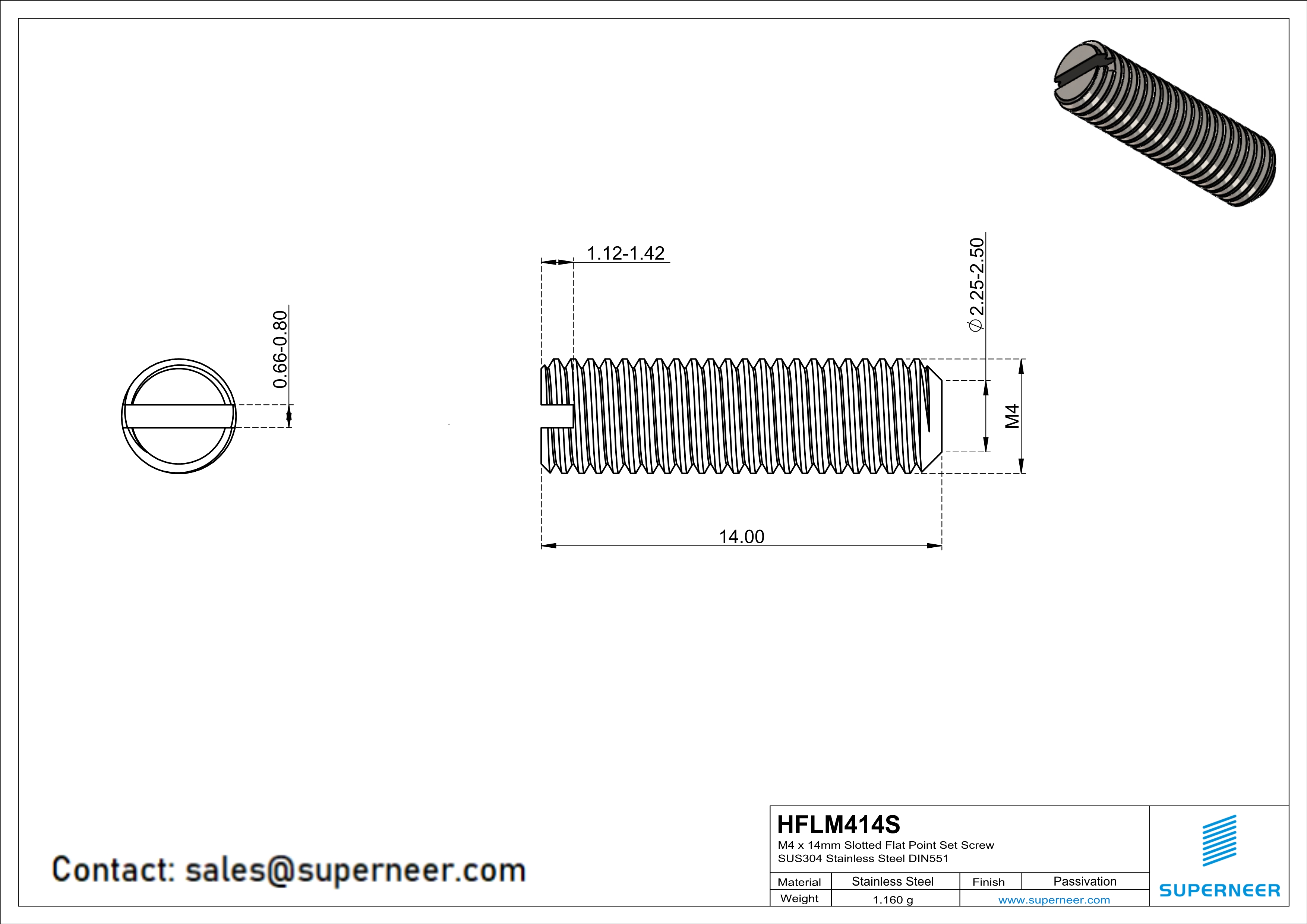 M4 x 14mm Slotted Flat Point Set Screw SUS304 Stainless Steel Inox 