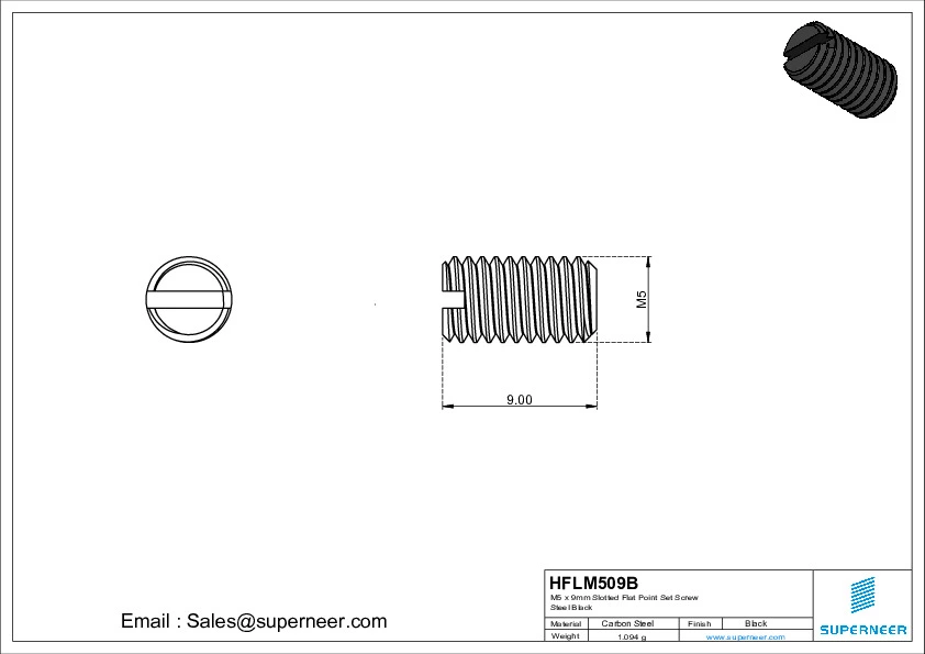 M5 x 9mm Slotted Flat Point Set Screw Steel Black 