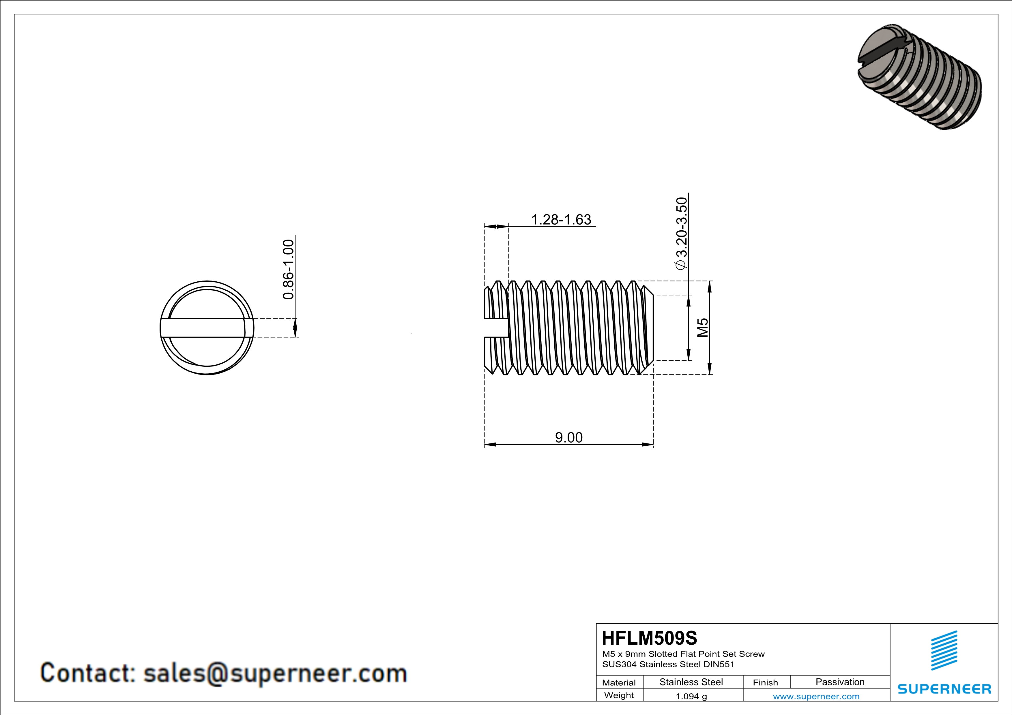 M5 x 9mm Slotted Flat Point Set Screw SUS304 Stainless Steel Inox 