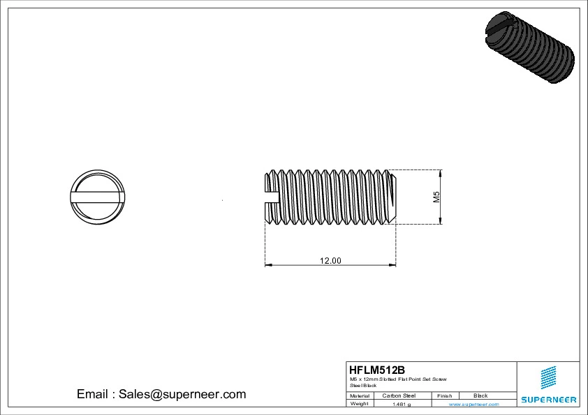 M5 x 12mm Slotted Flat Point Set Screw Steel Black 