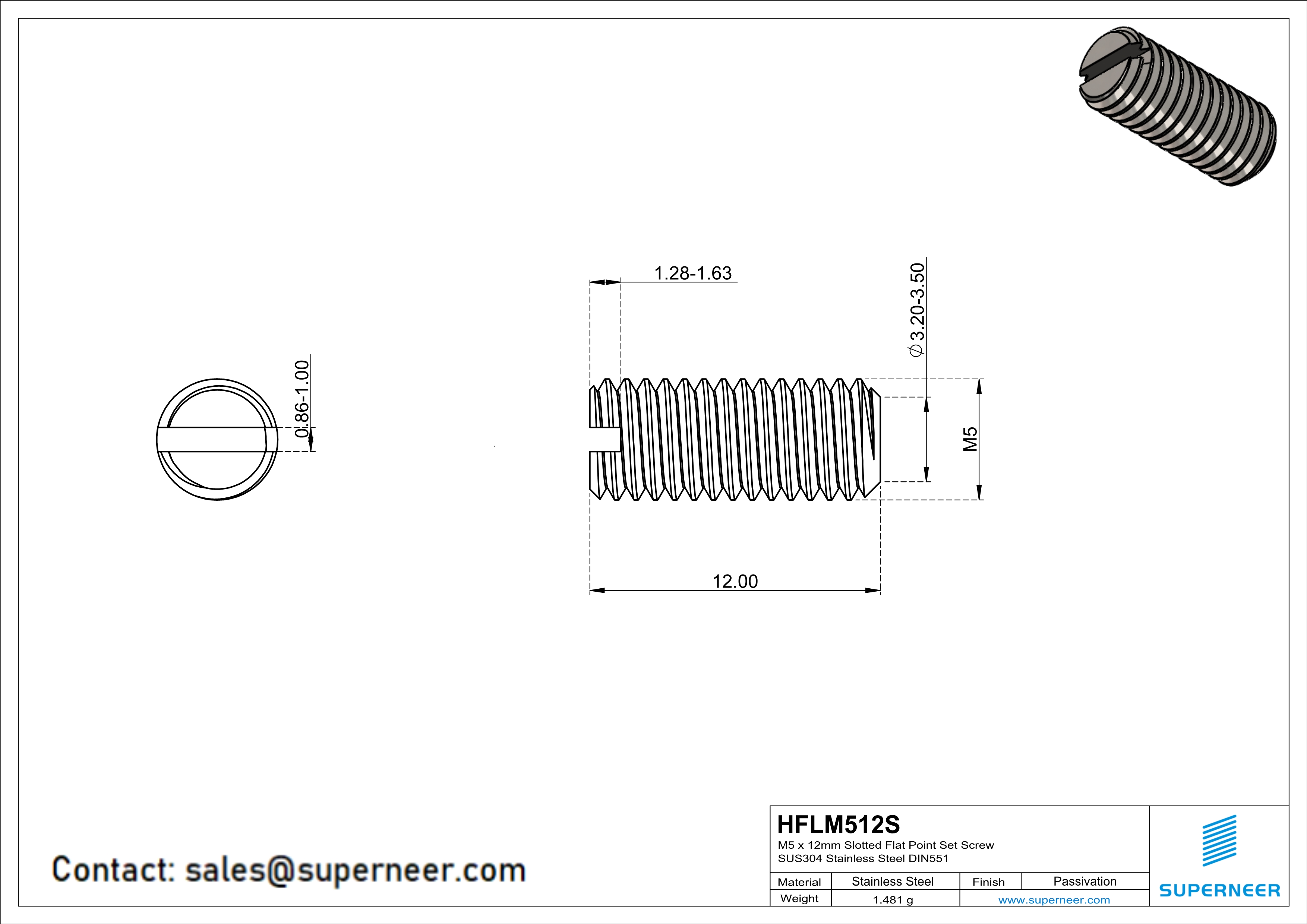 M5 x 12mm Slotted Flat Point Set Screw SUS304 Stainless Steel Inox 