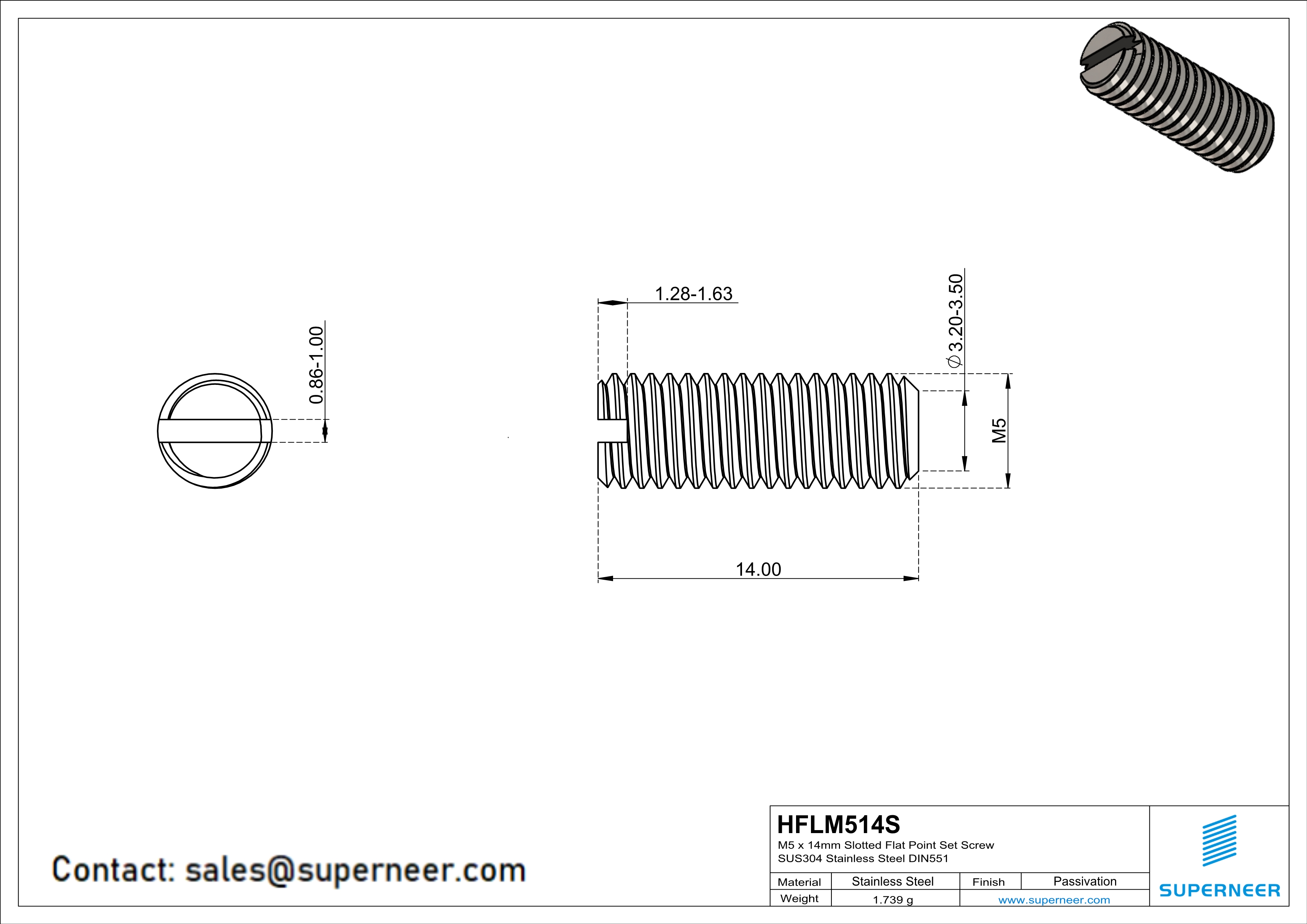 M5 x 14mm Slotted Flat Point Set Screw SUS304 Stainless Steel Inox 