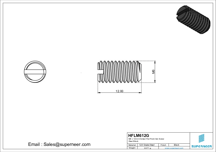 M5 x 12mm Slotted Flat Point Set Screw 12.9 Carbon Steel Black 