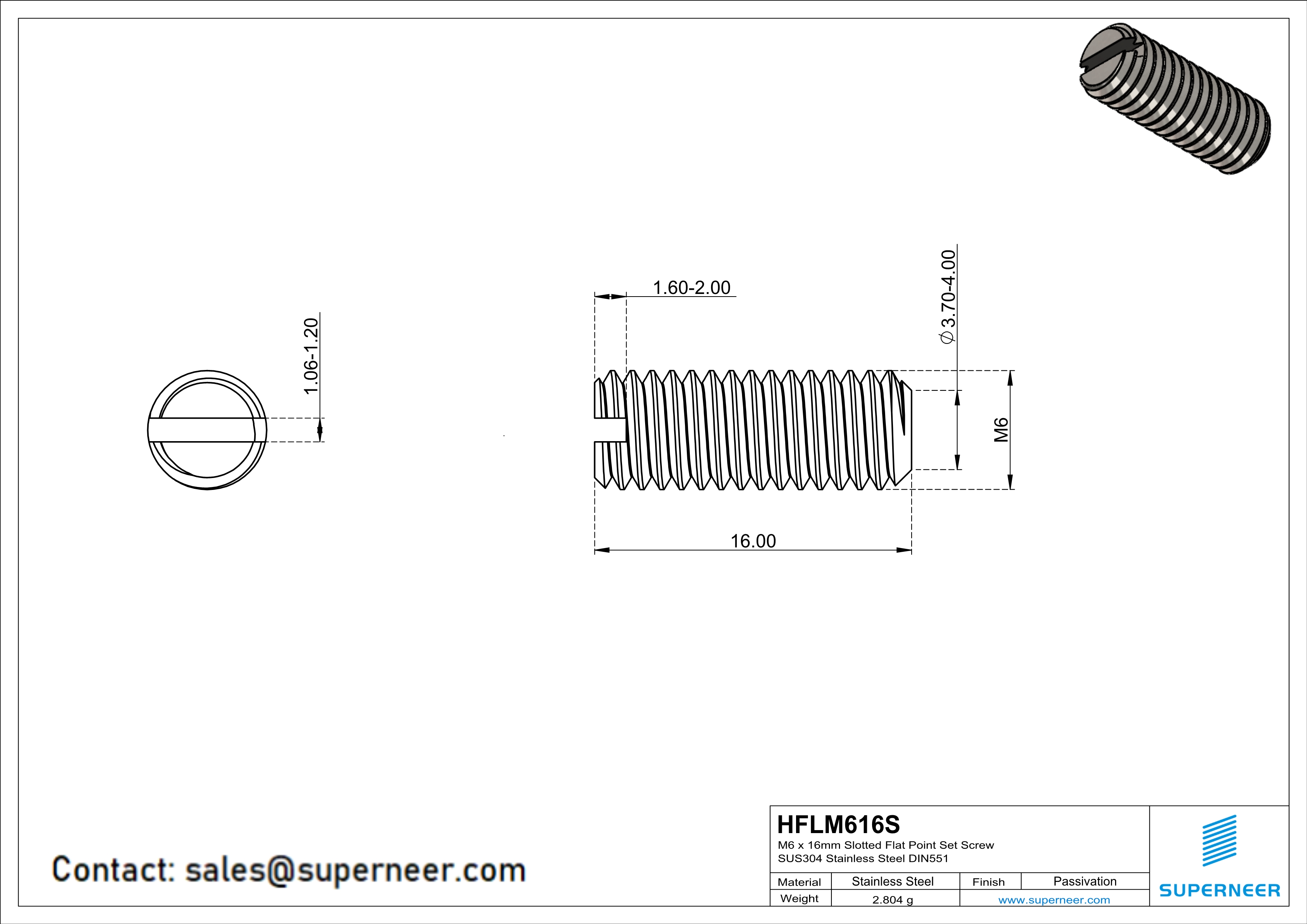 M5 x 16mm Slotted Flat Point Set Screw SUS304 Stainless Steel Inox 