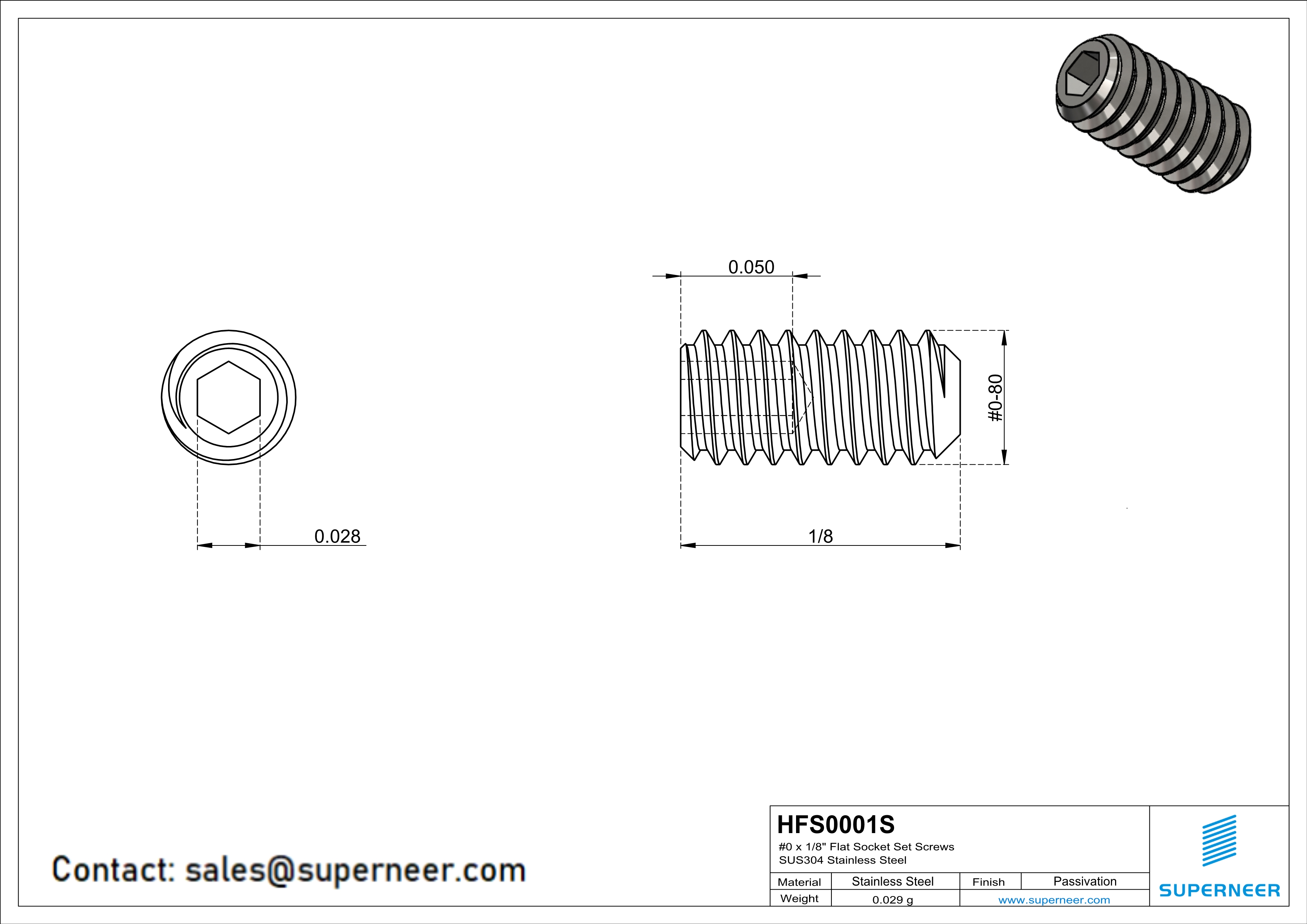 0 x 1/8" Flat Socket Set Screws SUS304 Stainless Steel Inox