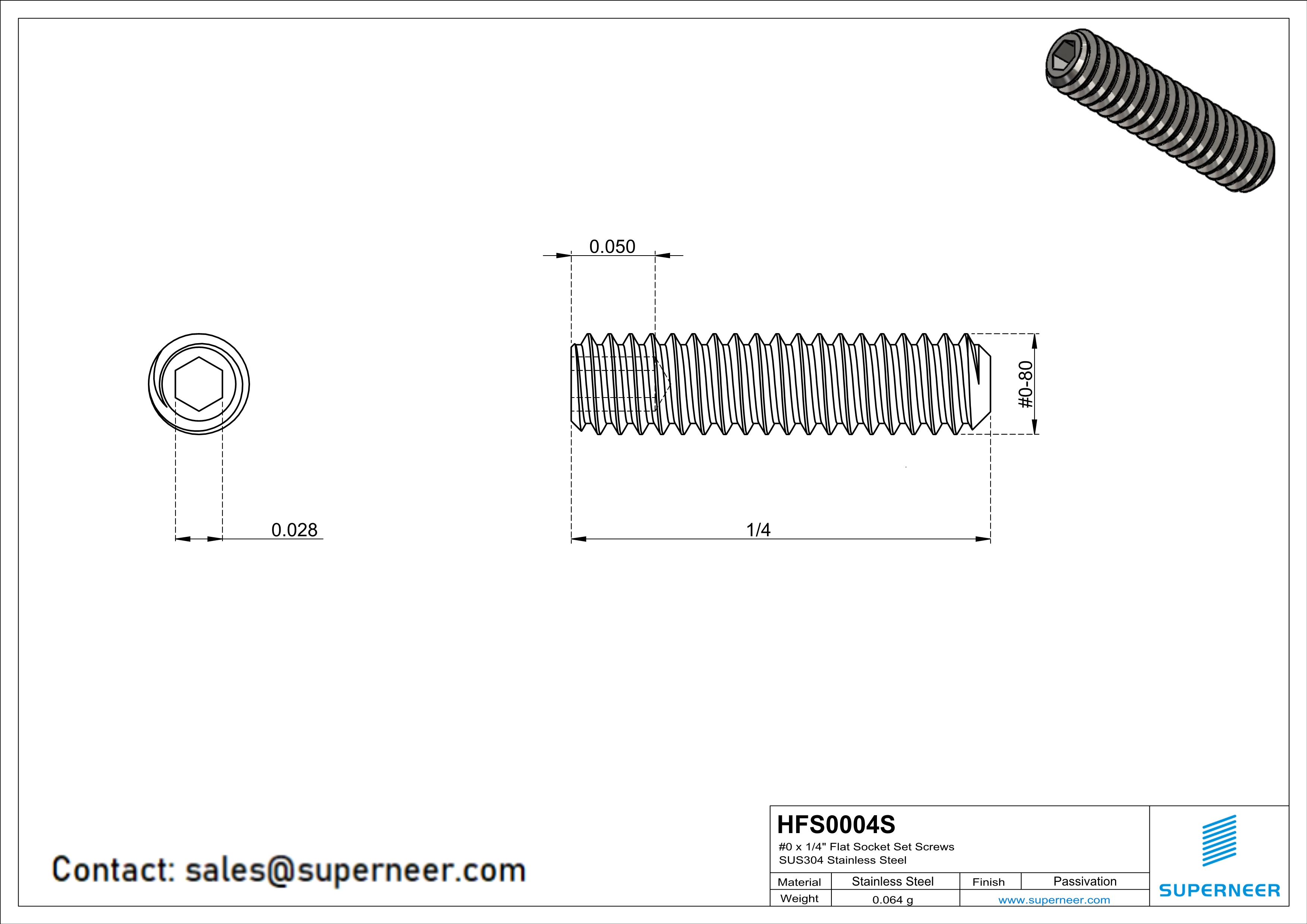 0 x 1/4" Flat Socket Set Screws SUS304 Stainless Steel Inox