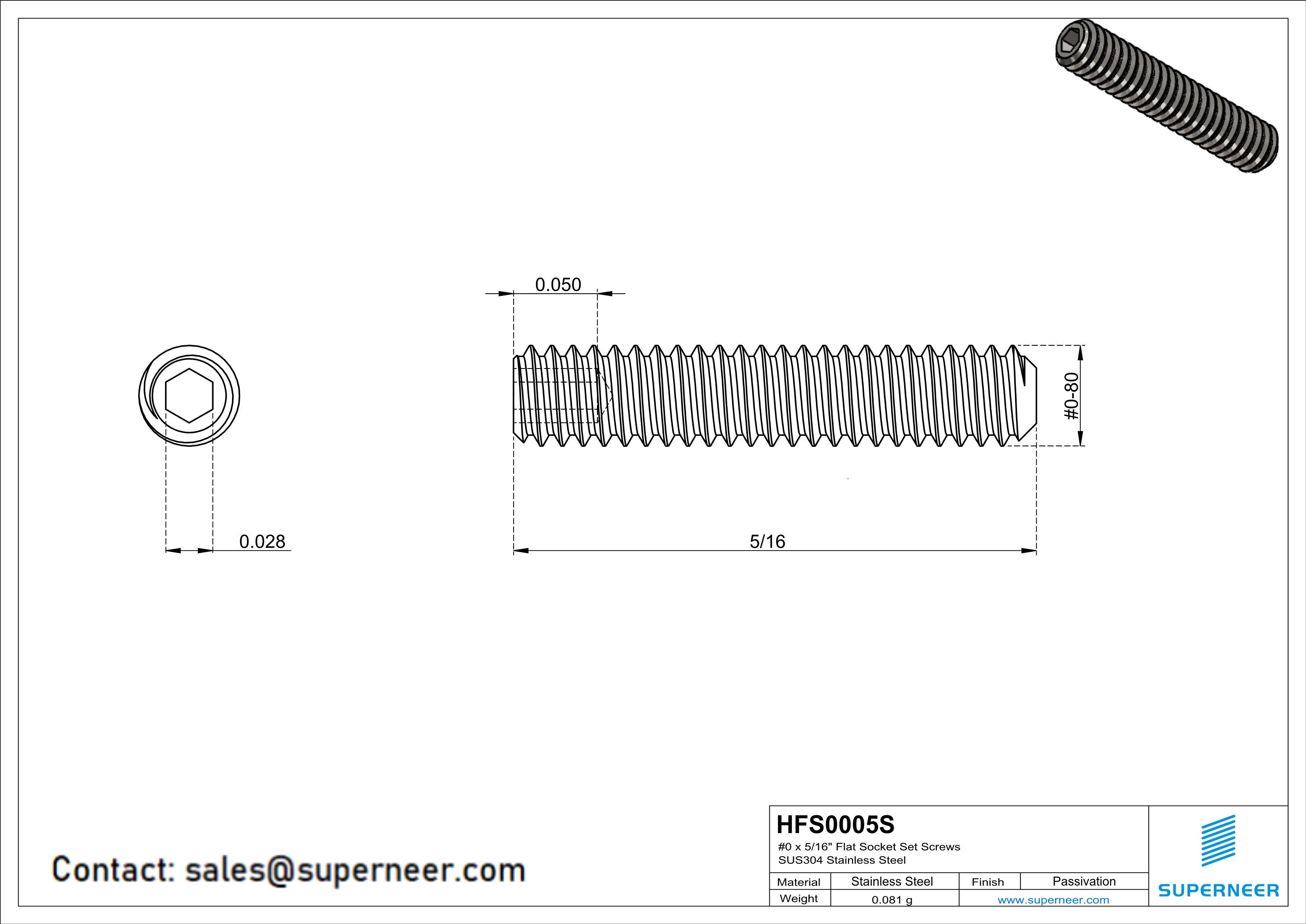 0 x 5/16" Flat Socket Set Screws SUS304 Stainless Steel Inox