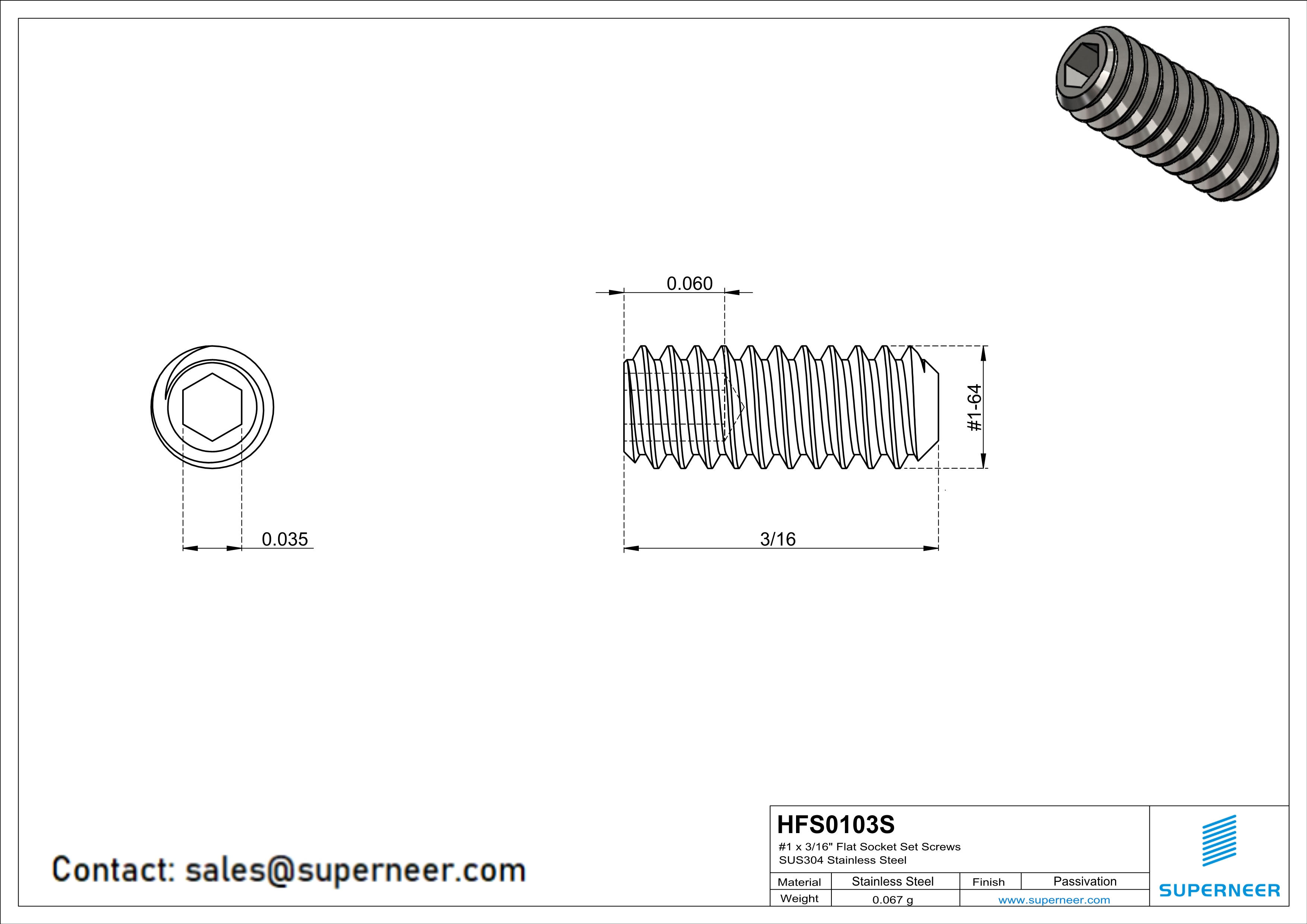 1 x 3/16" Flat Socket Set Screws SUS304 Stainless Steel Inox