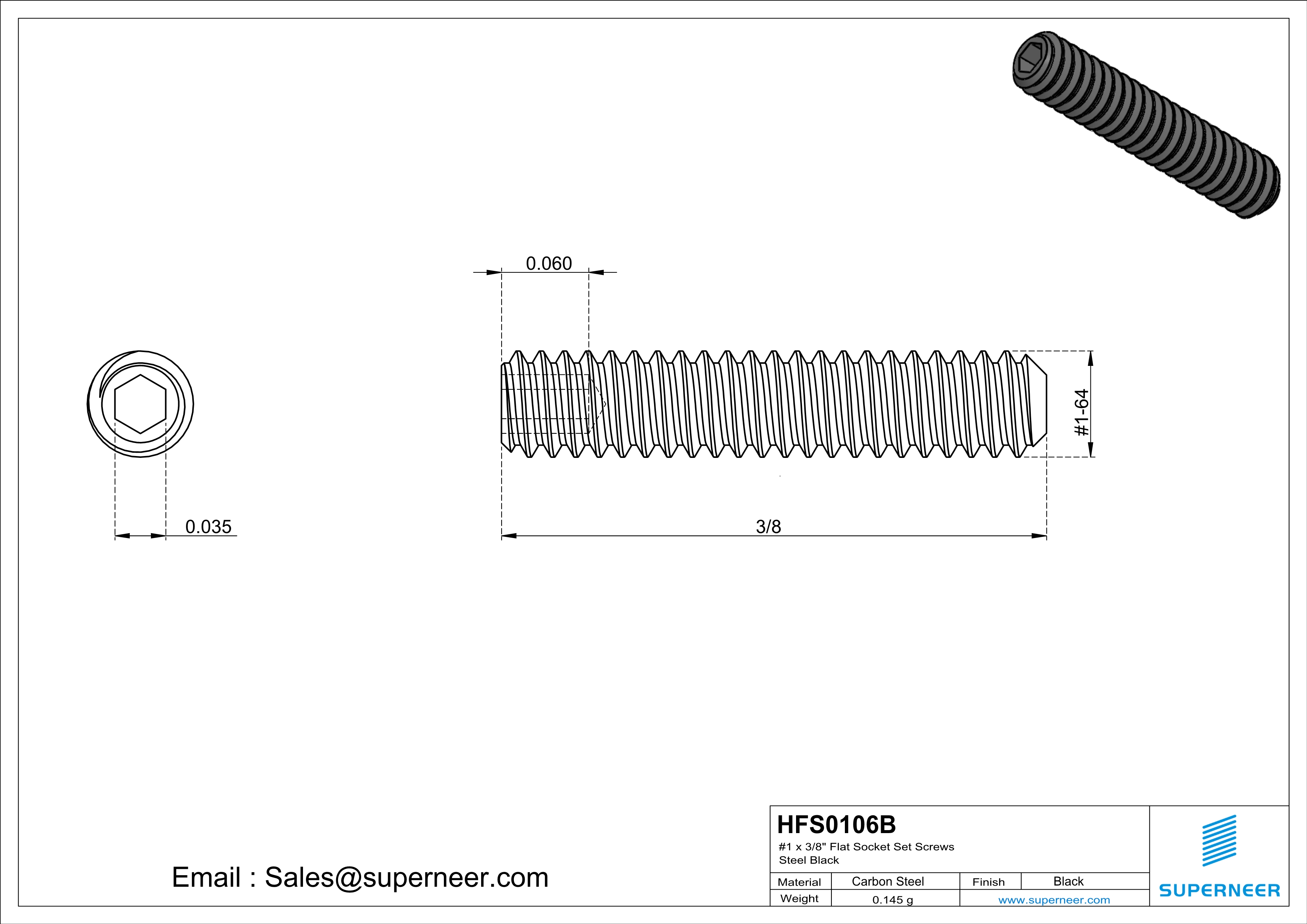 1 x 3/8" Flat Socket Set Screws Steel Black