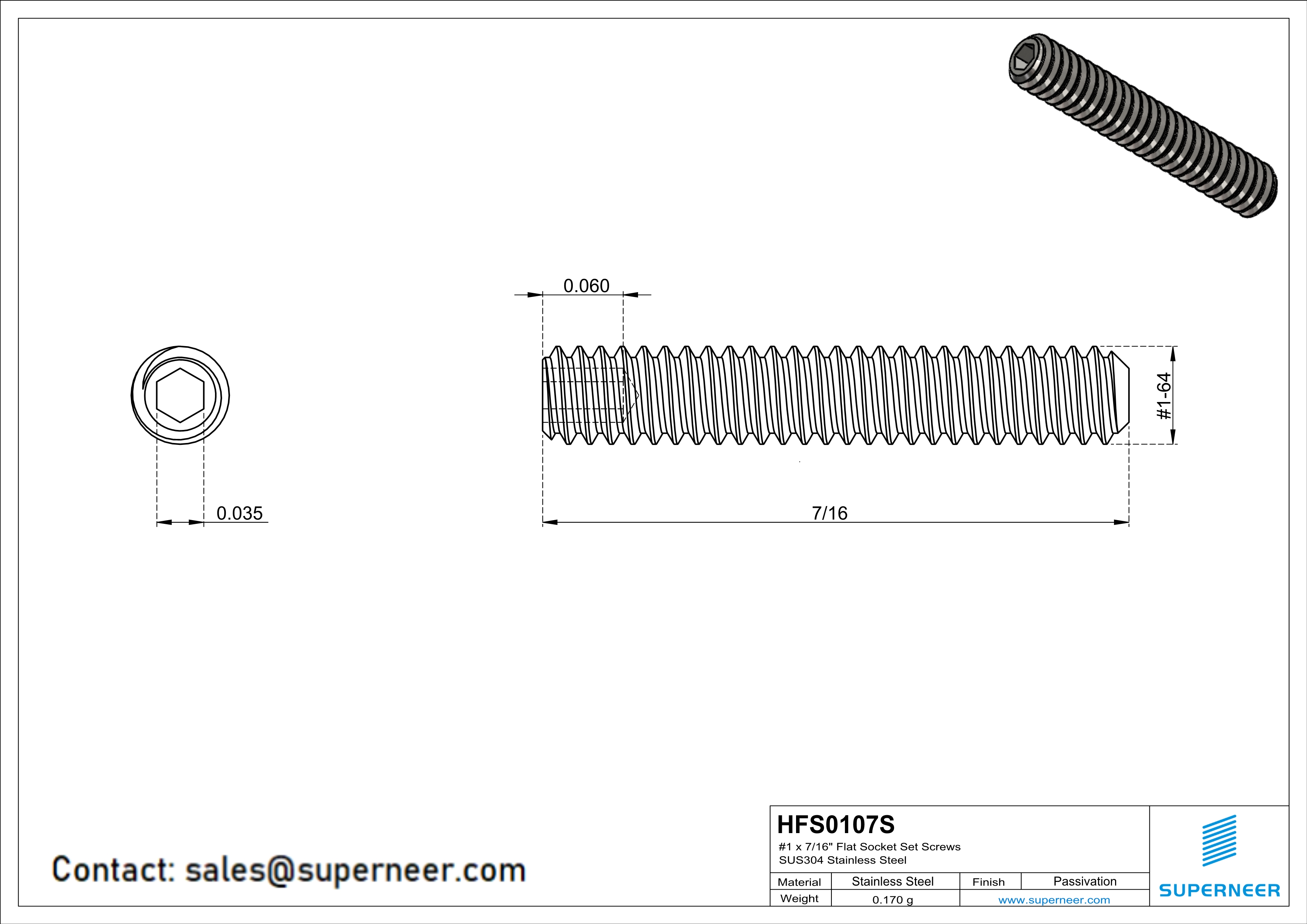 1 x 7/16" Flat Socket Set Screws SUS304 Stainless Steel Inox