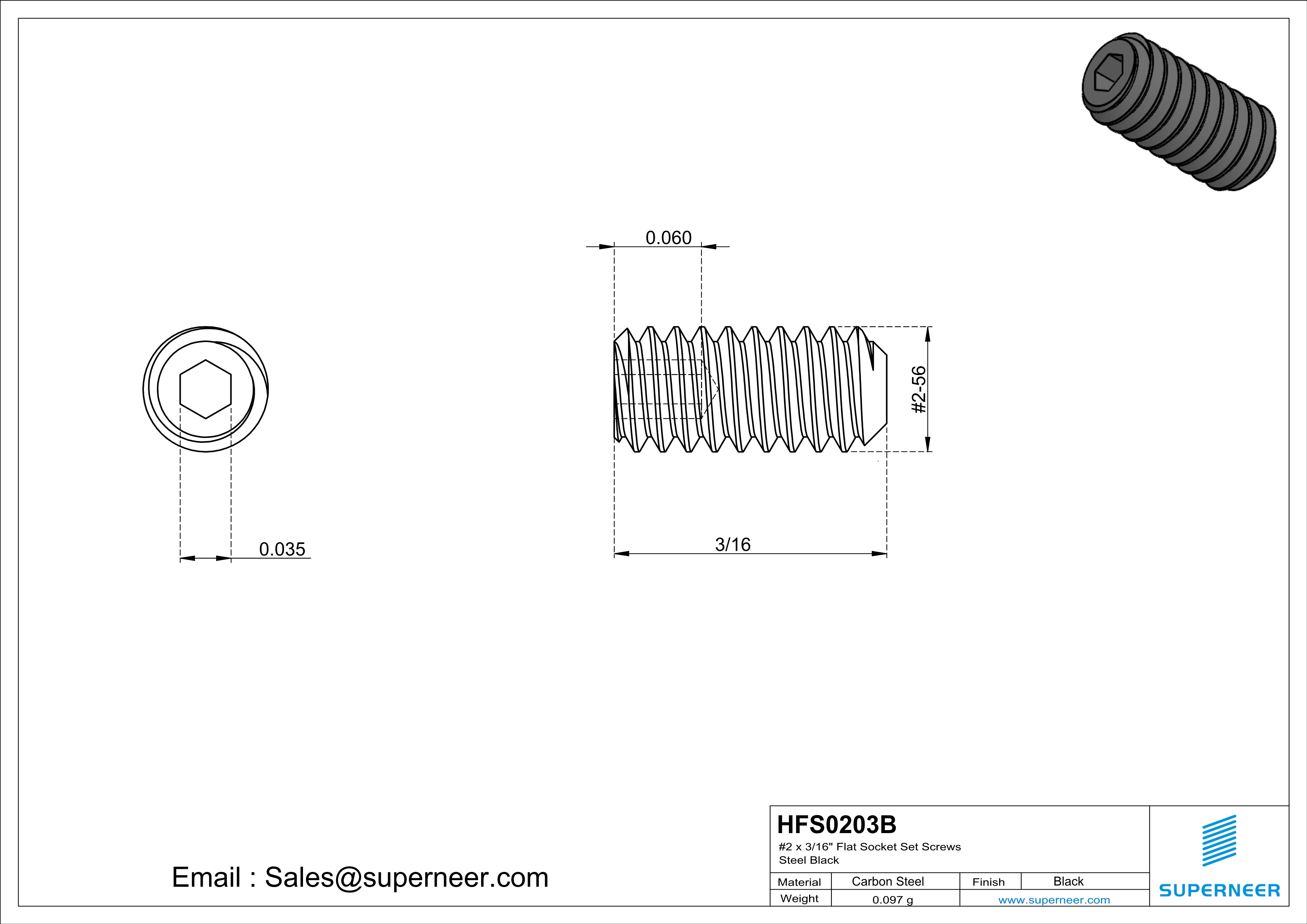 2 x 3/16" Flat Socket Set Screws Steel Black