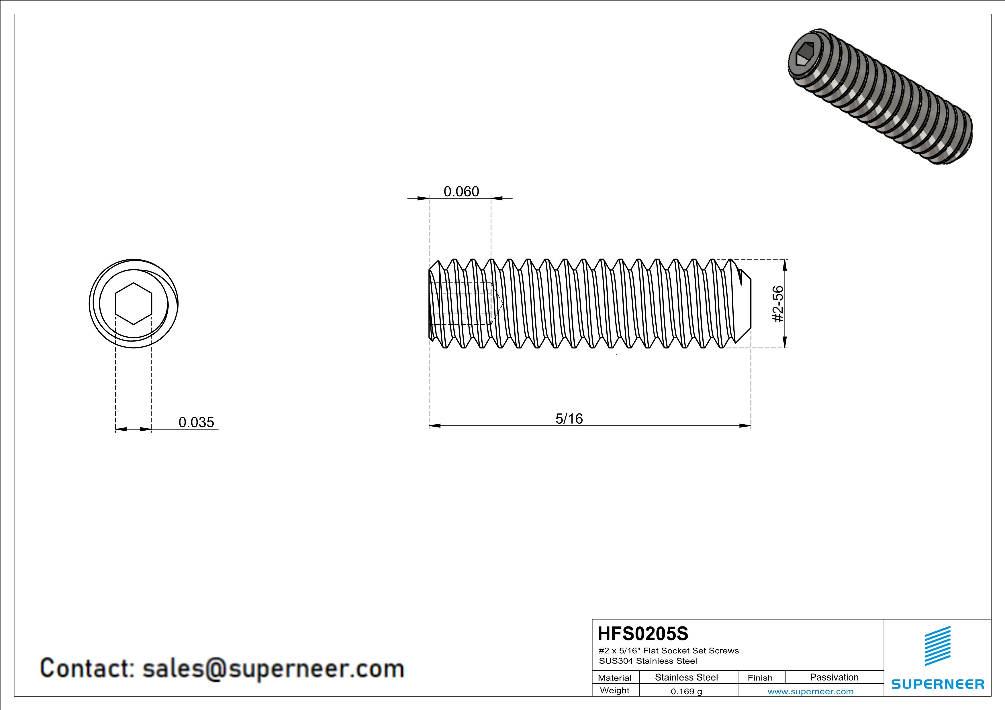 2 x 5/16" Flat Socket Set Screws SUS304 Stainless Steel Inox