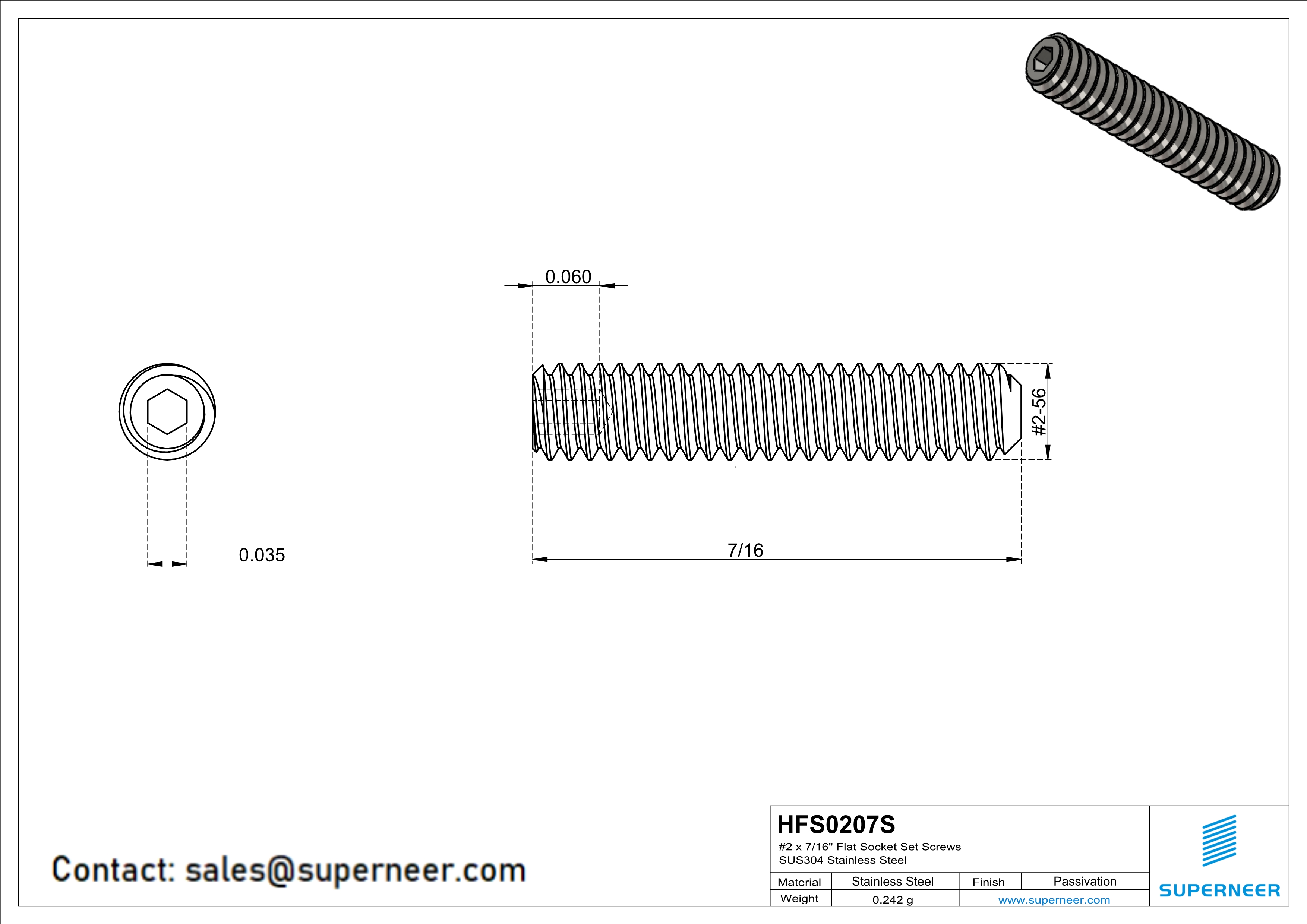 2 x 7/16" Flat Socket Set Screws SUS304 Stainless Steel Inox