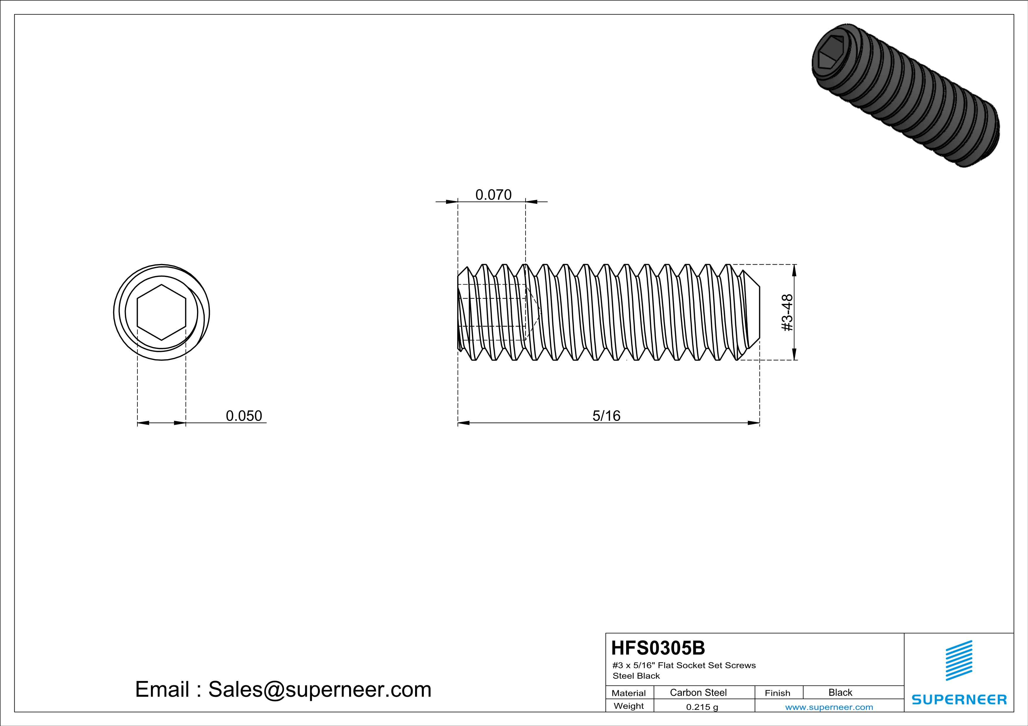 3 x 5/16" Flat Socket Set Screws Steel Black