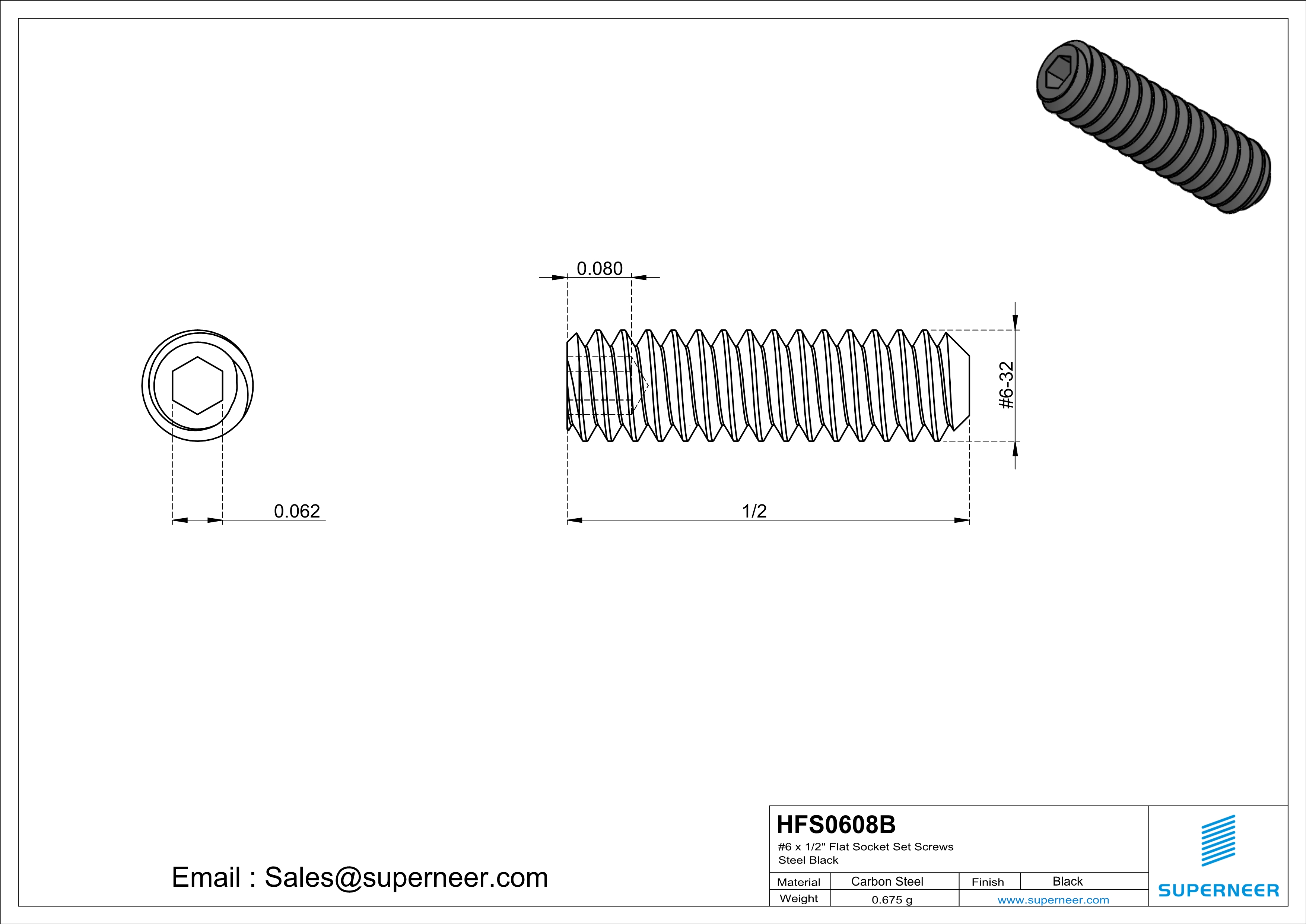 6 x 1/2" Flat Socket Set Screws Steel Black