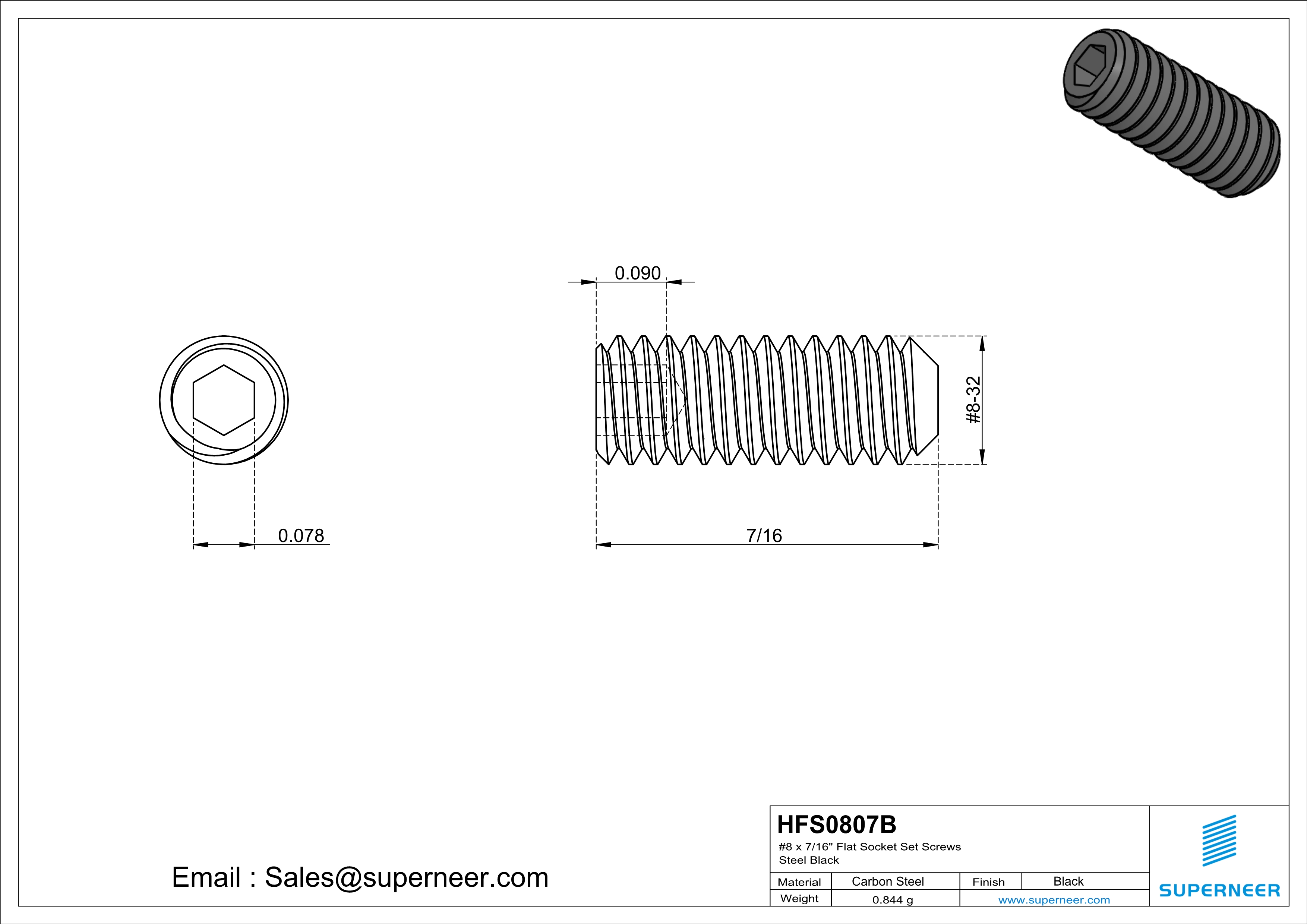 8 x 7/16" Flat Socket Set Screws Steel Black