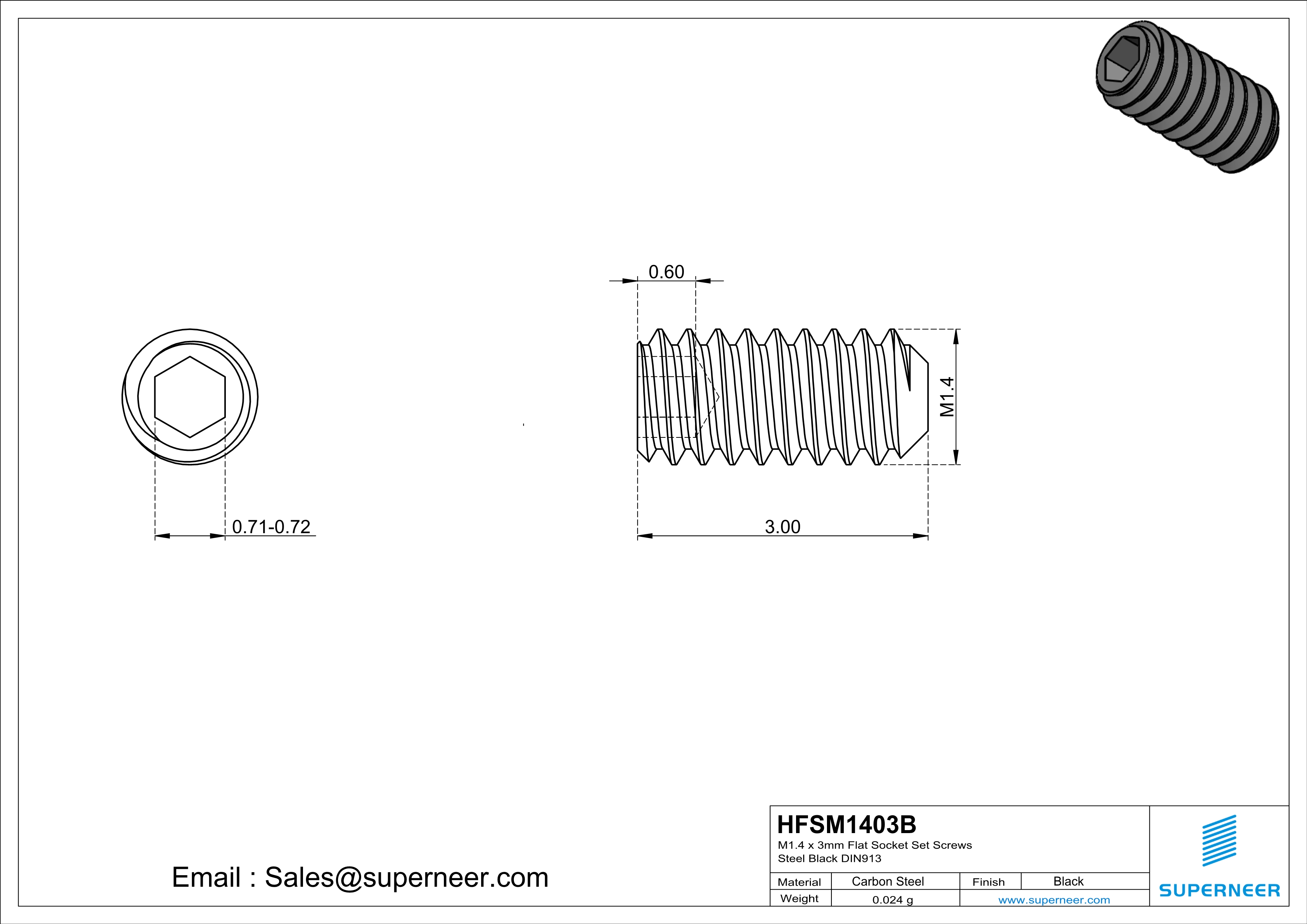 M1.4 x 3mm Flat Socket Set Screws Steel Black DIN913