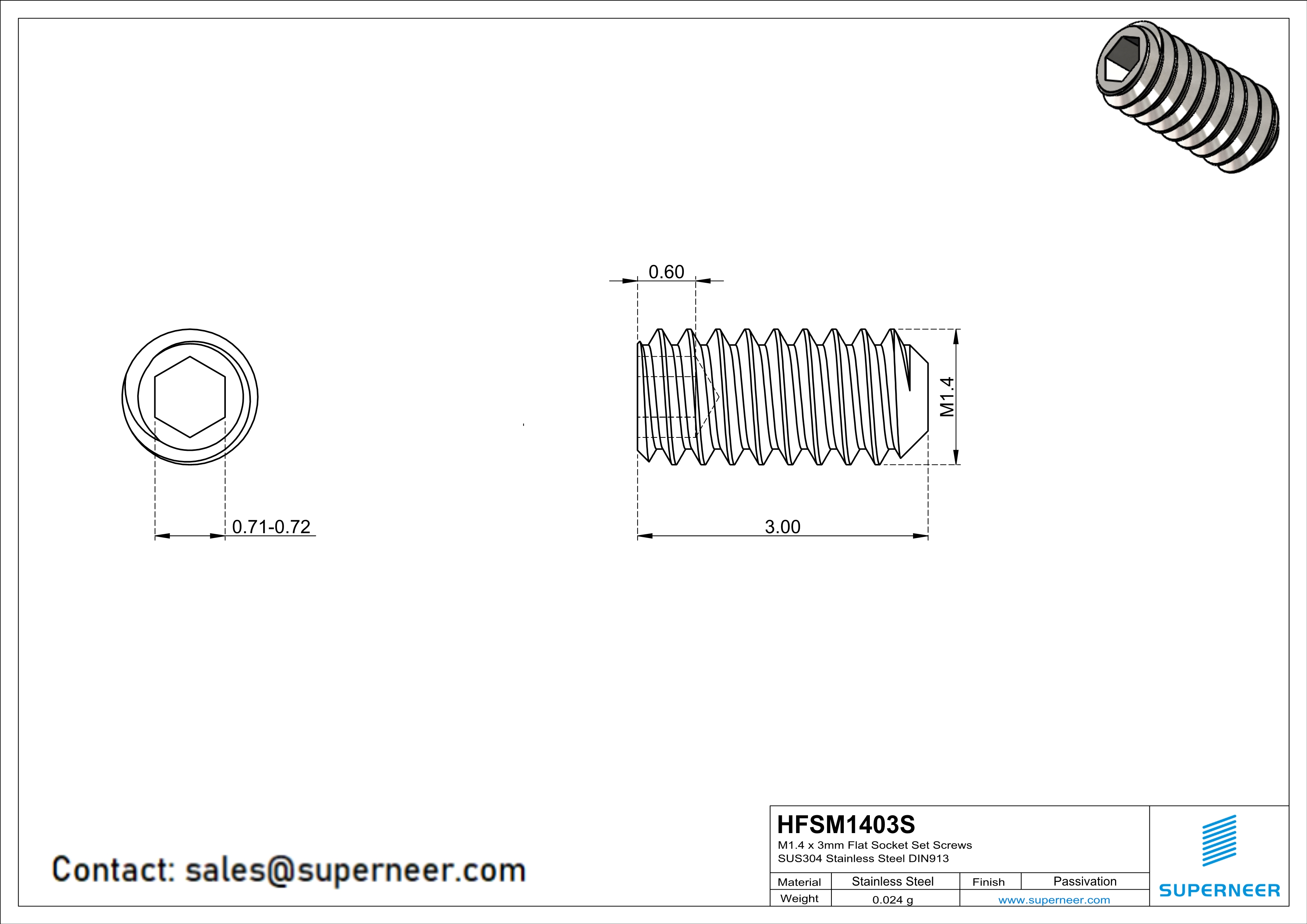 M1.4 x 3mm Flat Socket Set Screws SUS304 Stainless Steel Inox DIN913