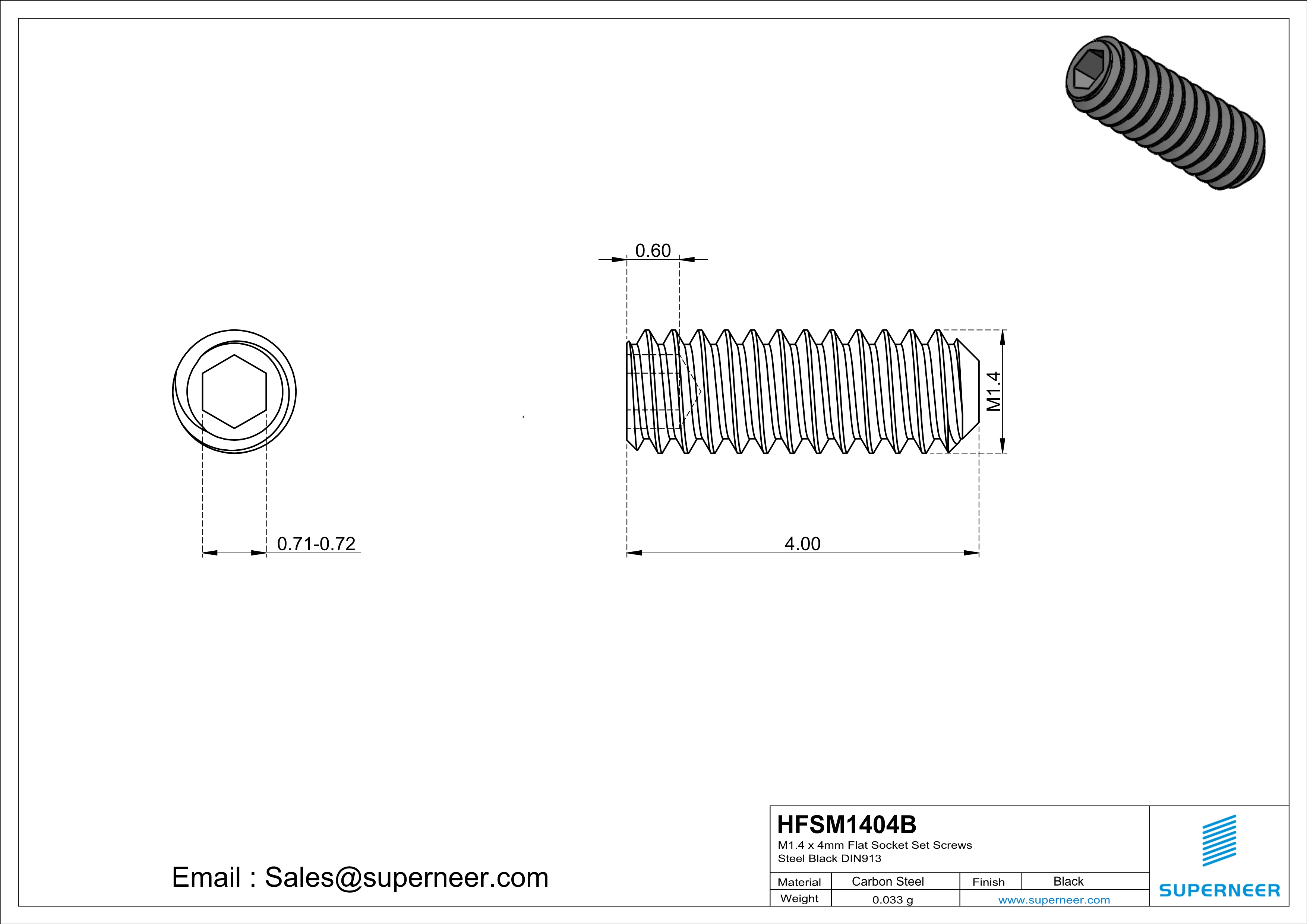 M1.4 x 4mm Flat Socket Set Screws Steel Black DIN913