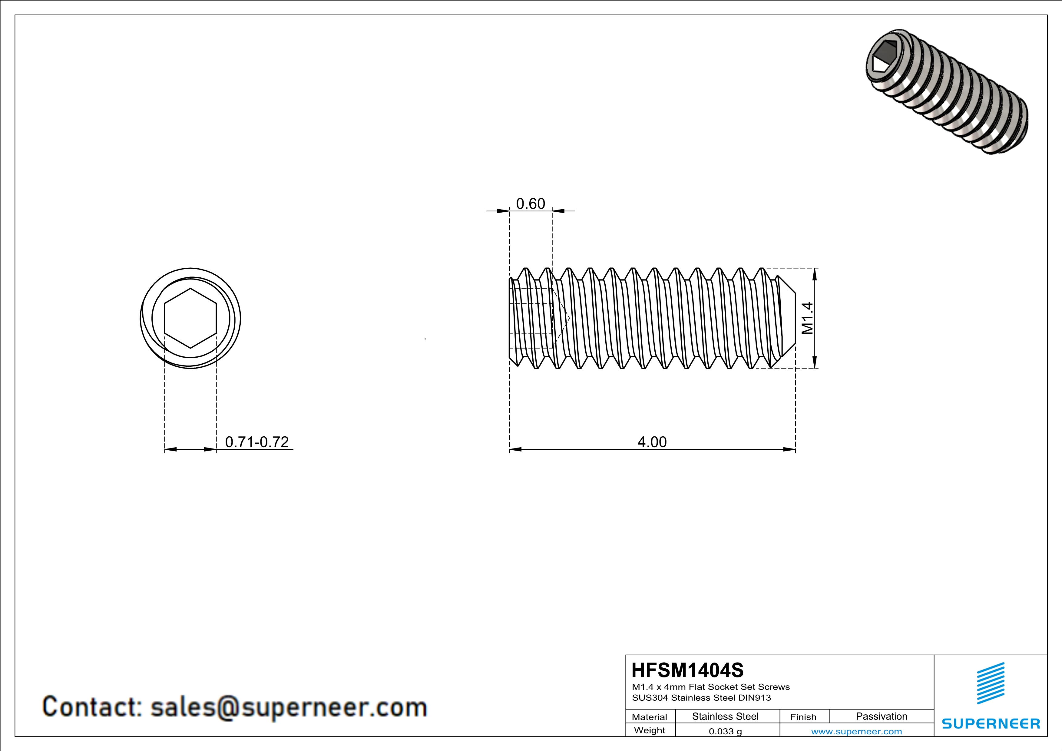 M1.4 x 4mm Flat Socket Set Screws SUS304 Stainless Steel Inox DIN913