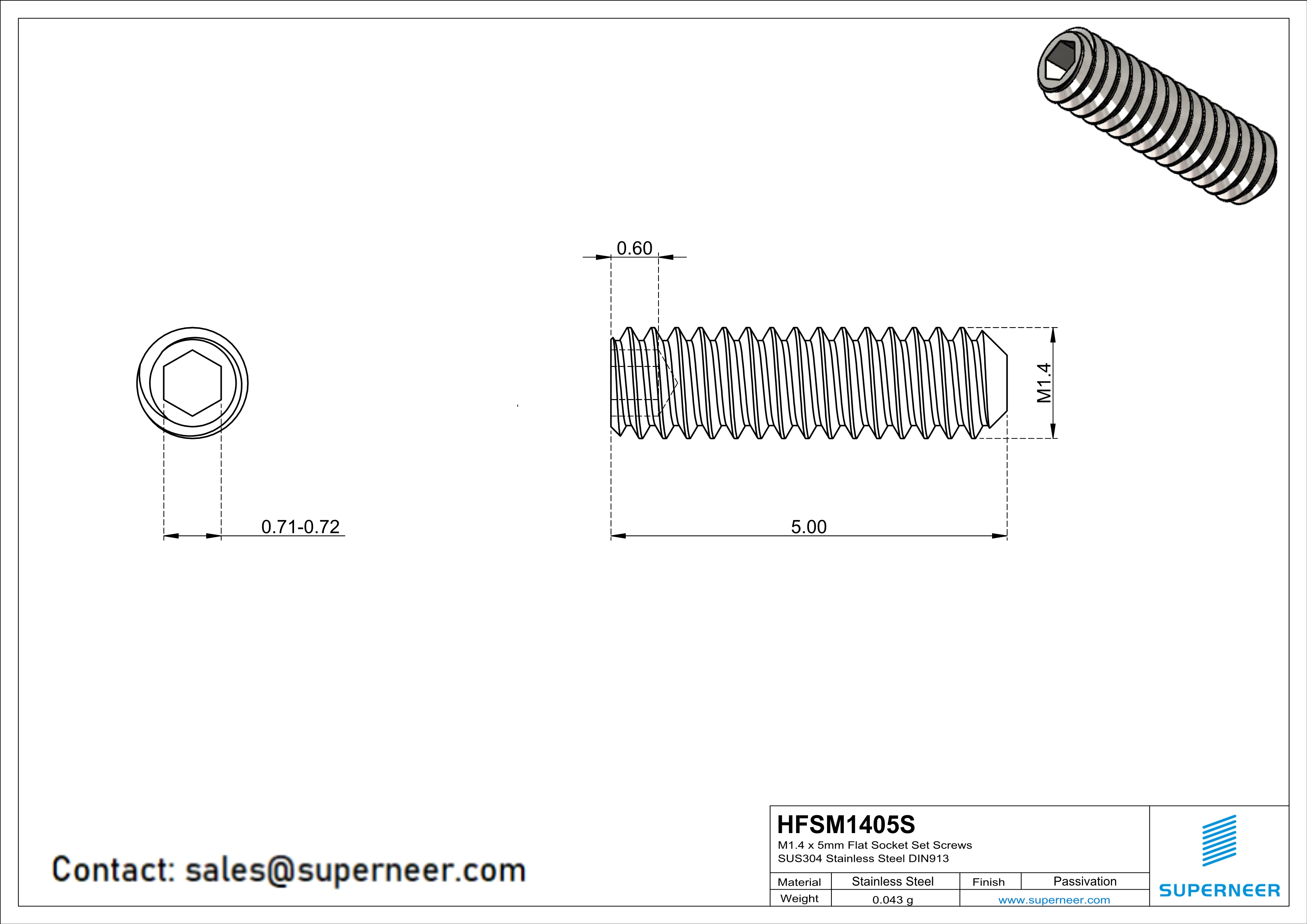 M1.4 x 5mm Flat Socket Set Screws SUS304 Stainless Steel Inox DIN913