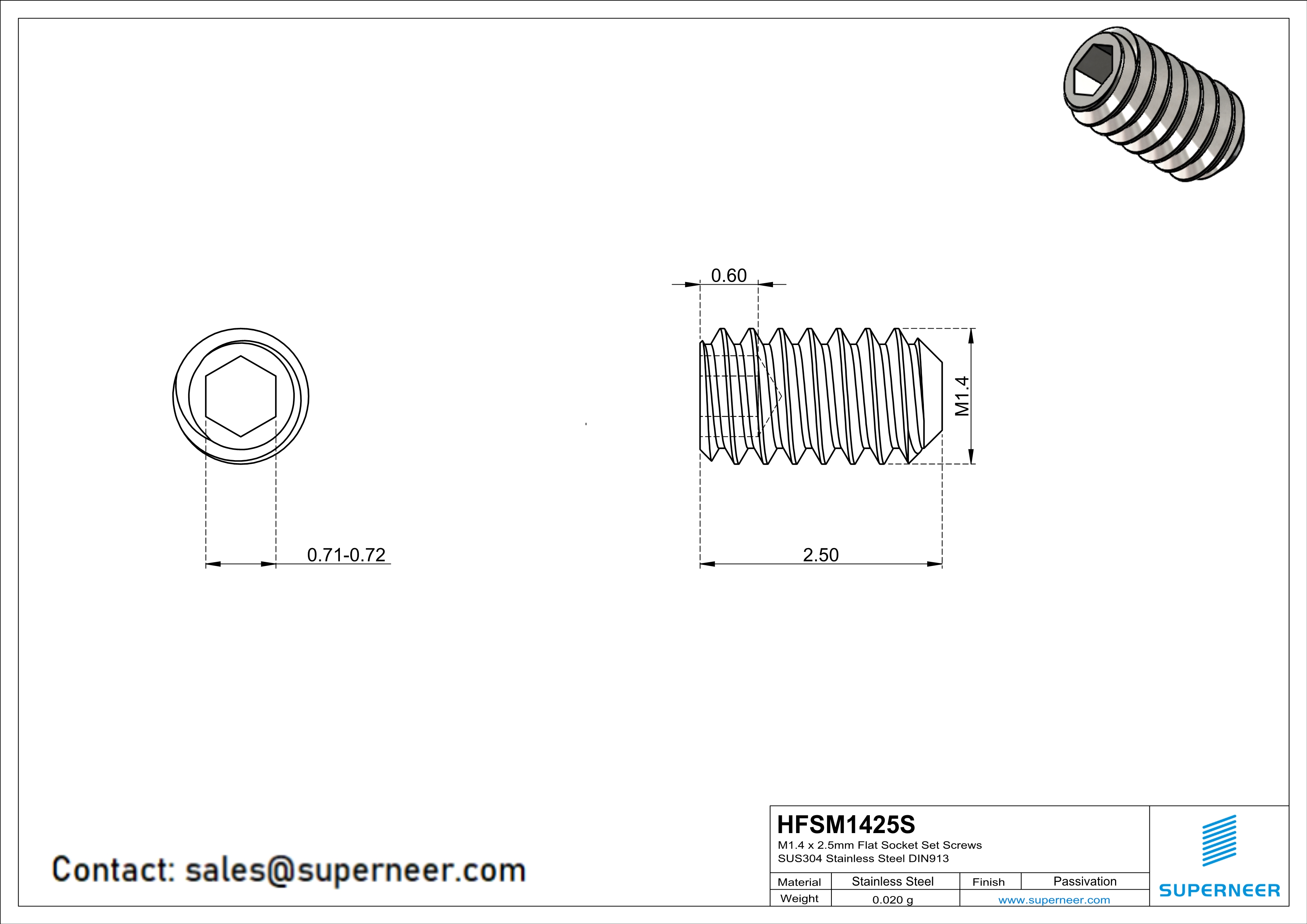 M1.4 x 2.5mm Flat Socket Set Screws SUS304 Stainless Steel Inox DIN913