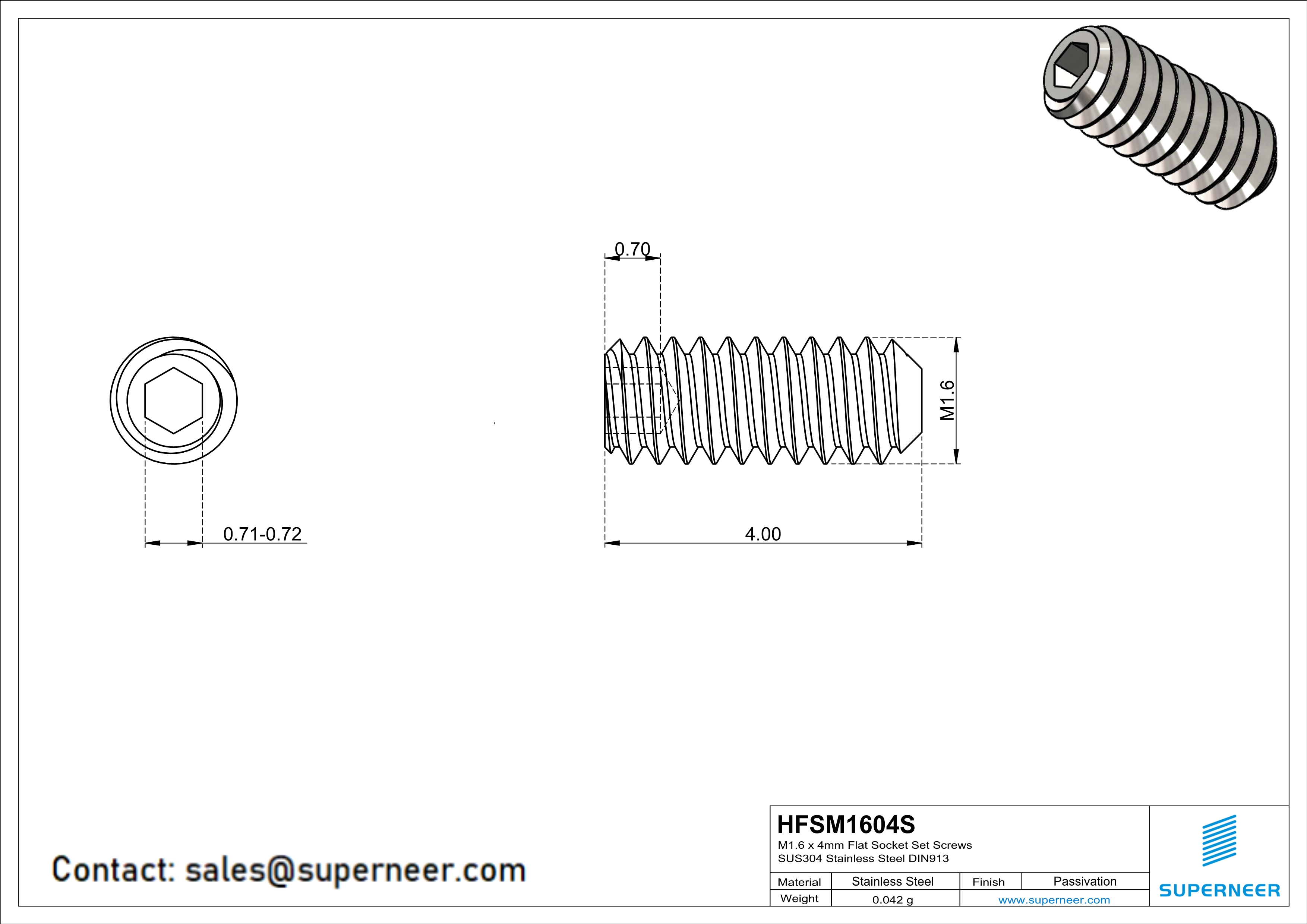 M1.6 x 4mm Flat Socket Set Screws SUS304 Stainless Steel Inox DIN913