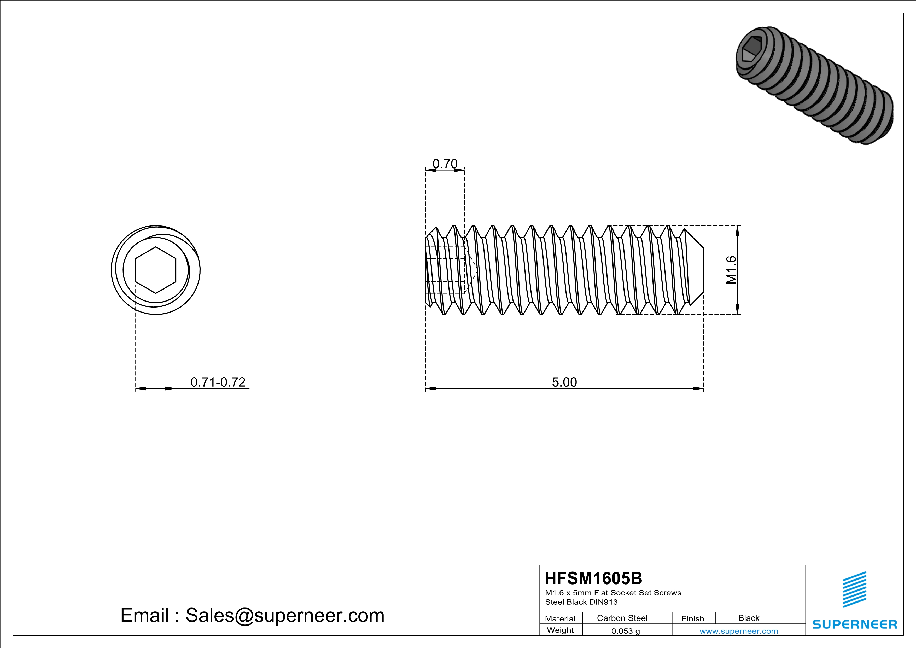 M1.6 x 5mm Flat Socket Set Screws Steel Black DIN913