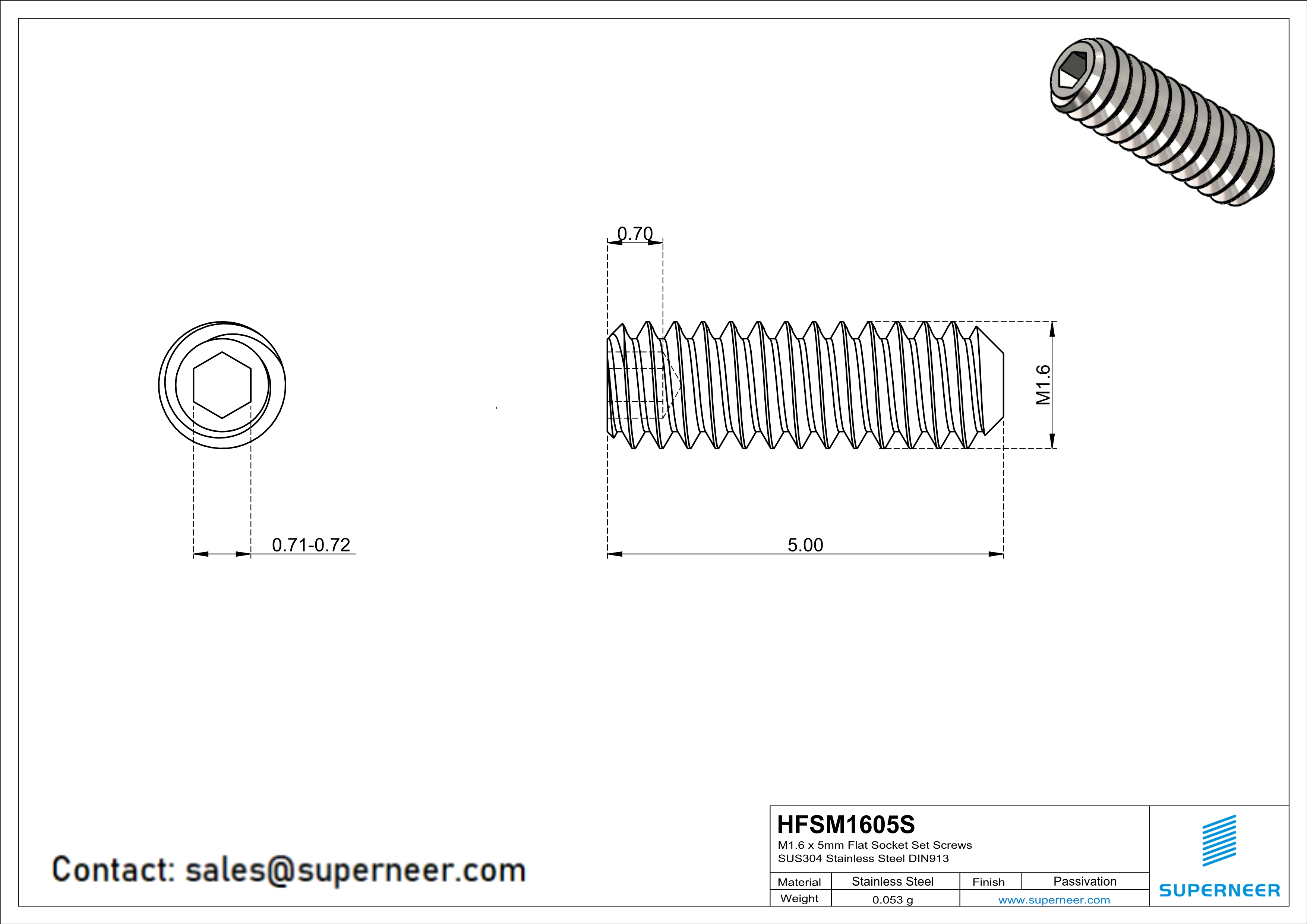 M1.6 x 5mm Flat Socket Set Screws SUS304 Stainless Steel Inox DIN913