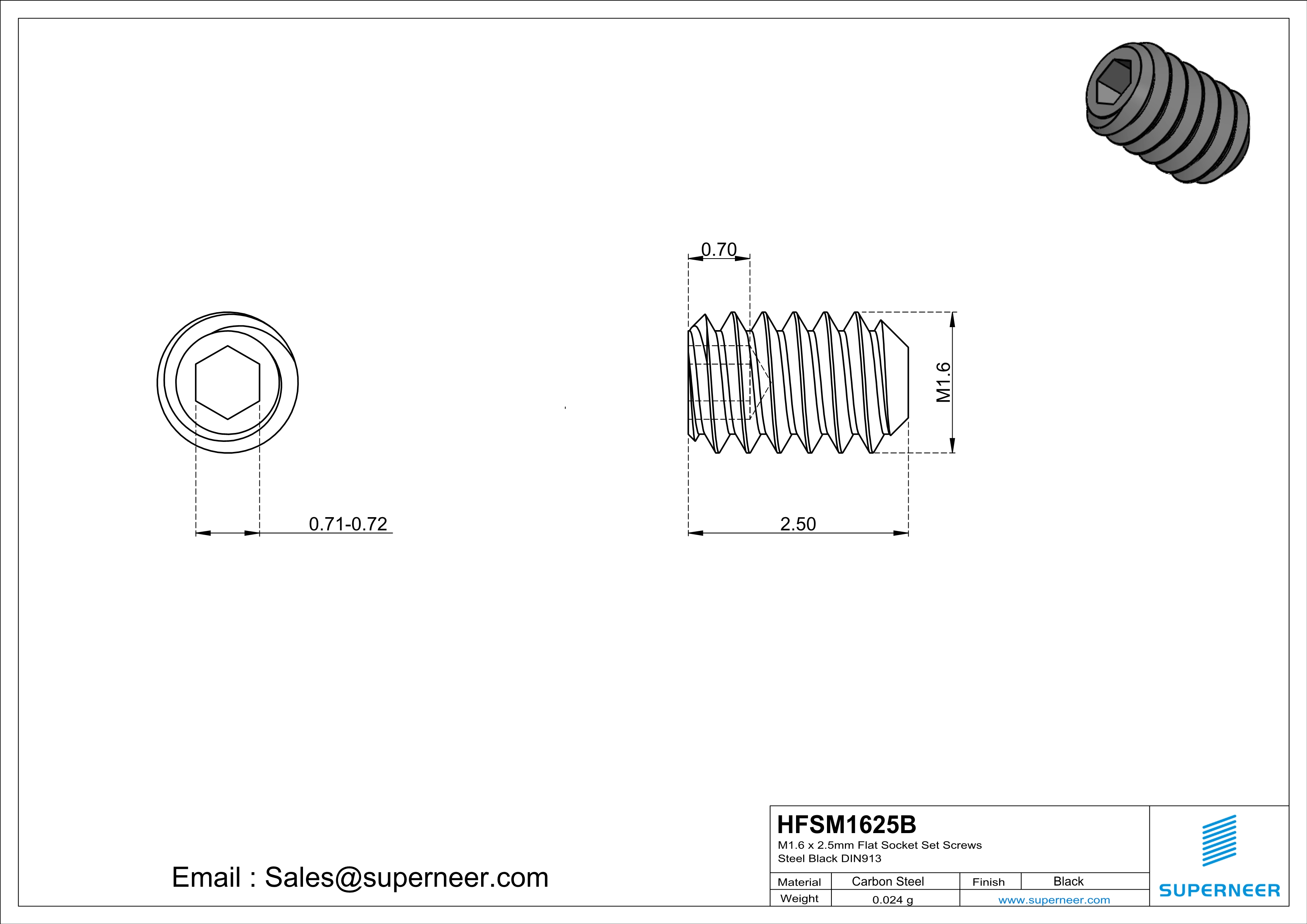 M1.6 x 2.5mm Flat Socket Set Screws Steel Black DIN913