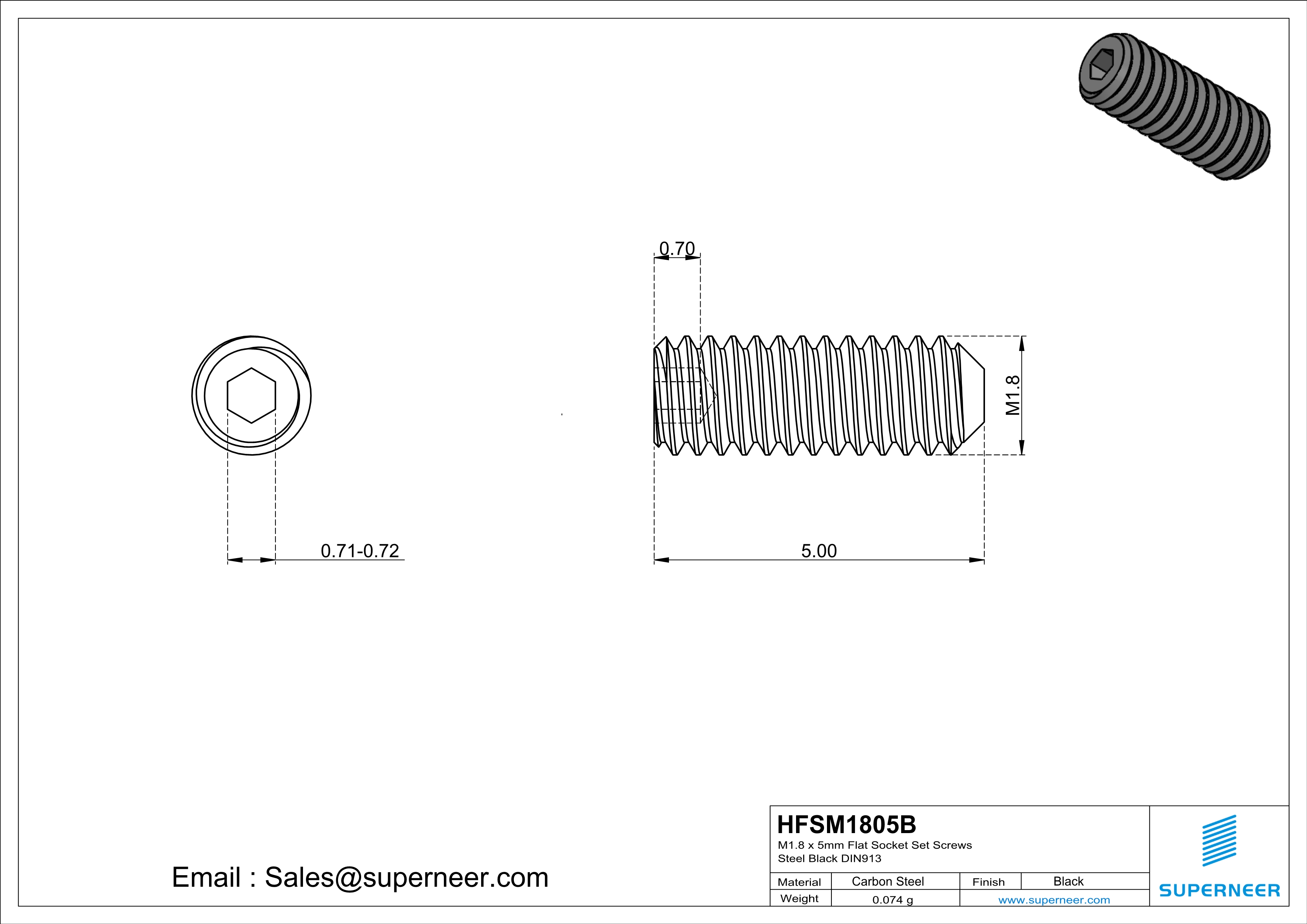 M1.8 x 5mm Flat Socket Set Screws Steel Black DIN913