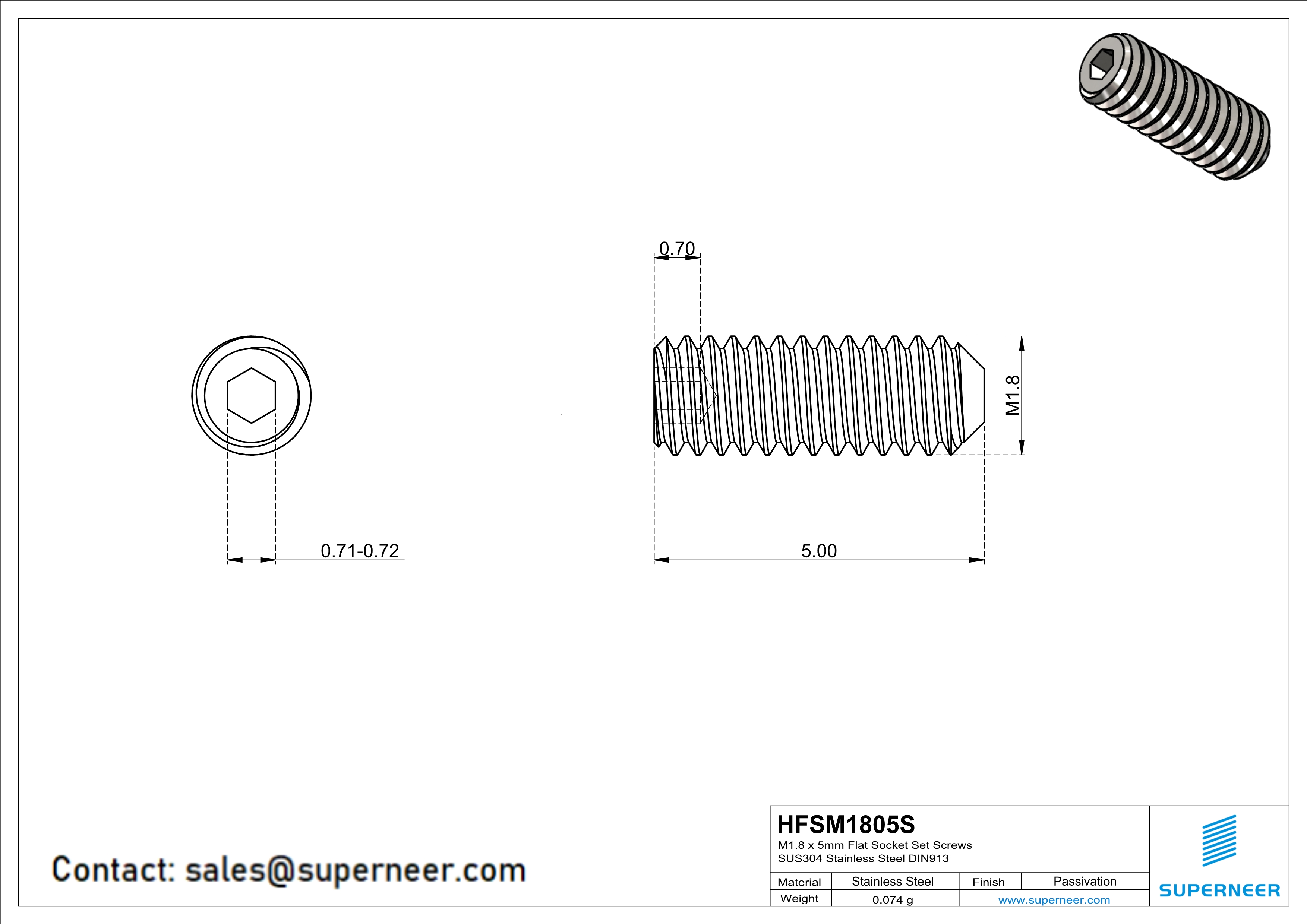 M1.8 x 5mm Flat Socket Set Screws SUS304 Stainless Steel Inox DIN913