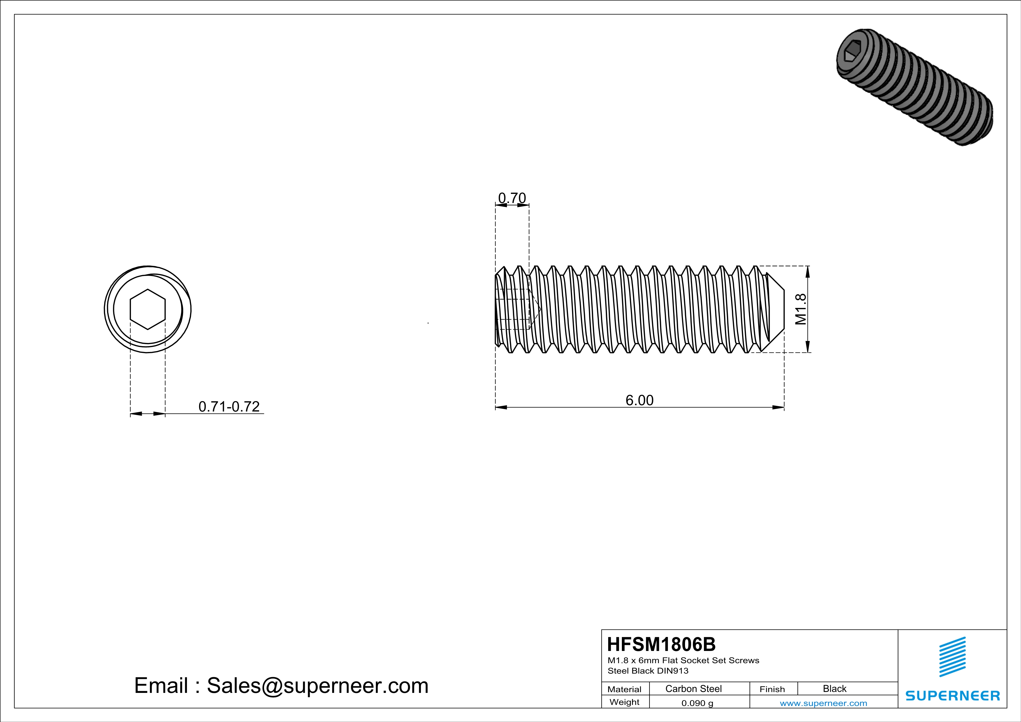 M1.8 x 6mm Flat Socket Set Screws Steel Black DIN913