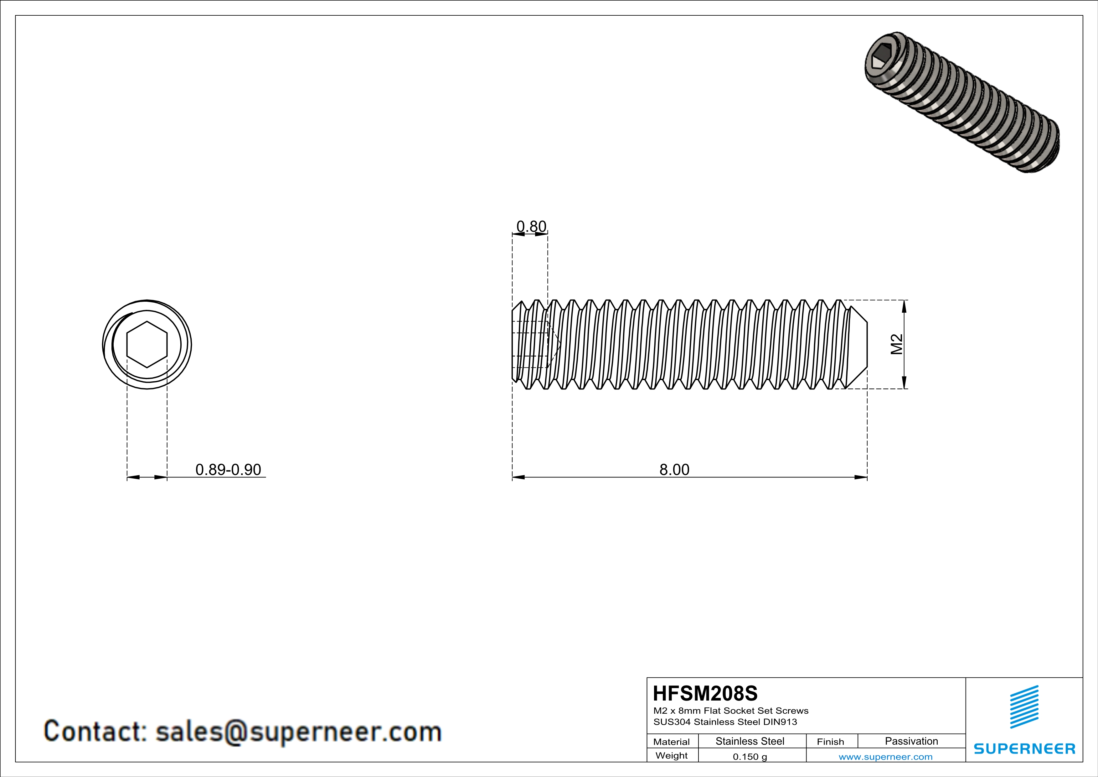 M2 x 8mm Flat Socket Set Screws SUS304 Stainless Steel Inox DIN913