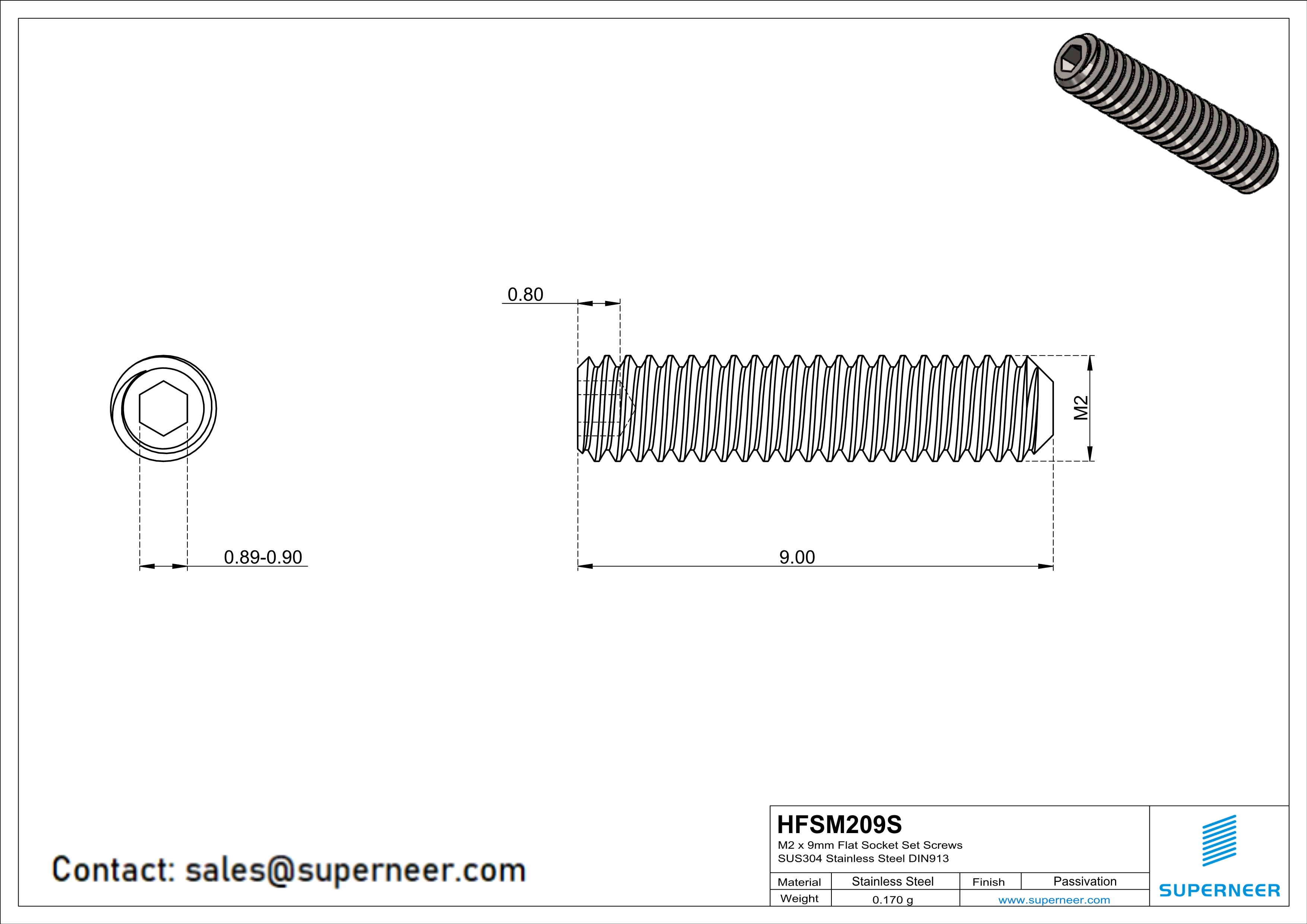 M2 x 9mm Flat Socket Set Screws SUS304 Stainless Steel Inox DIN913