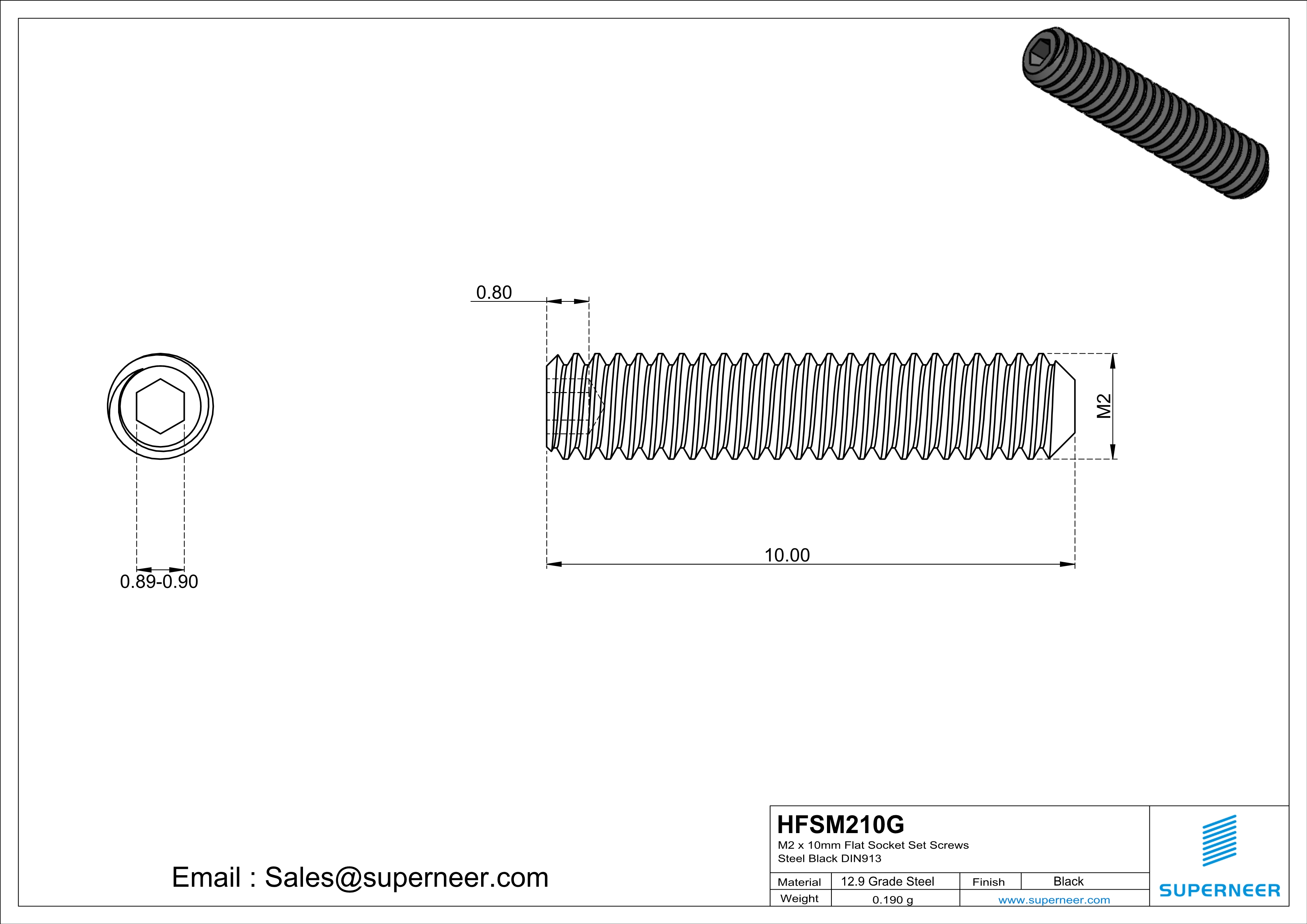 M2 x 10mm Flat Socket Set Screws 12.9 Carbon Steel Black DIN913