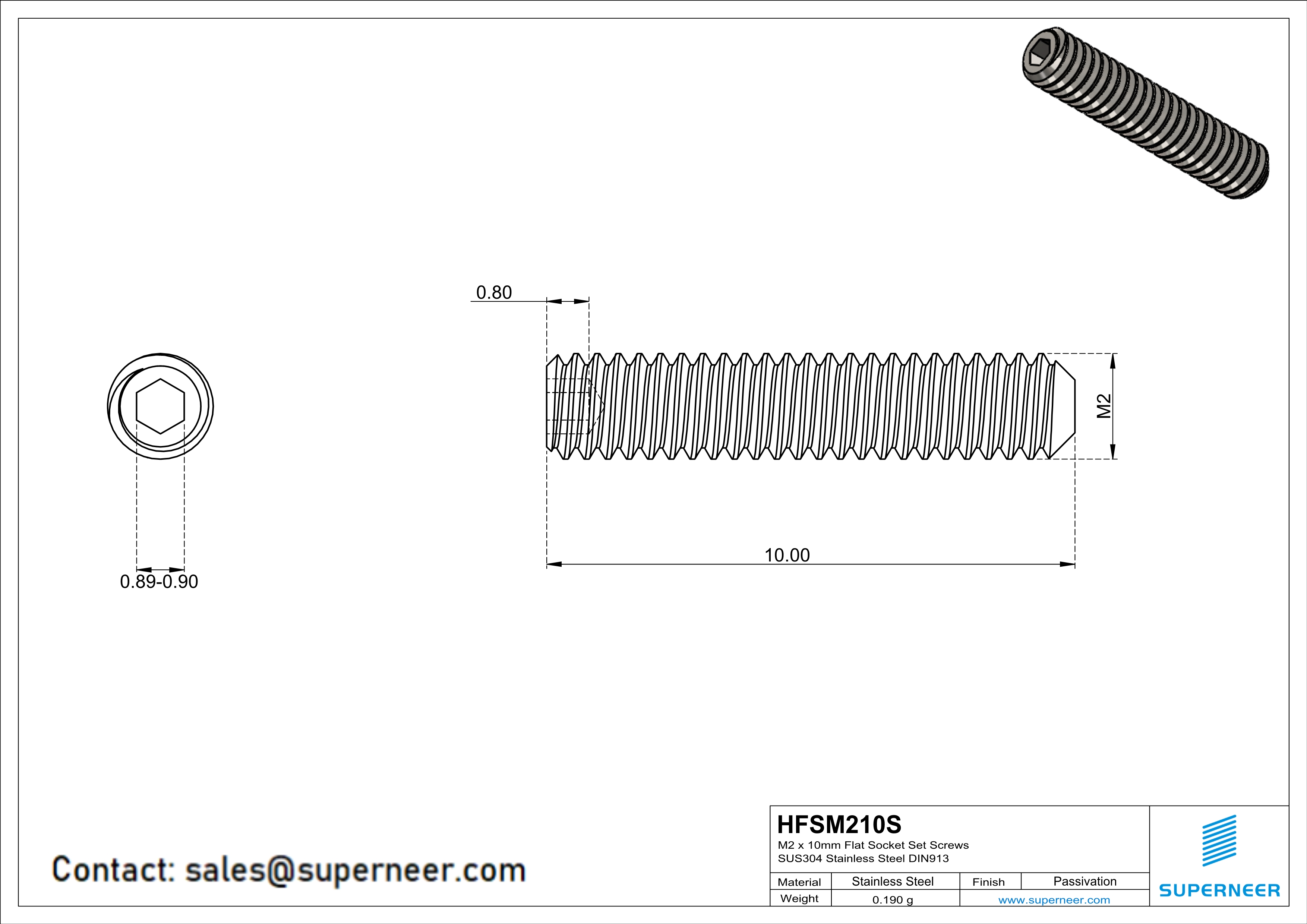 M2 x 10mm Flat Socket Set Screws SUS304 Stainless Steel Inox DIN913