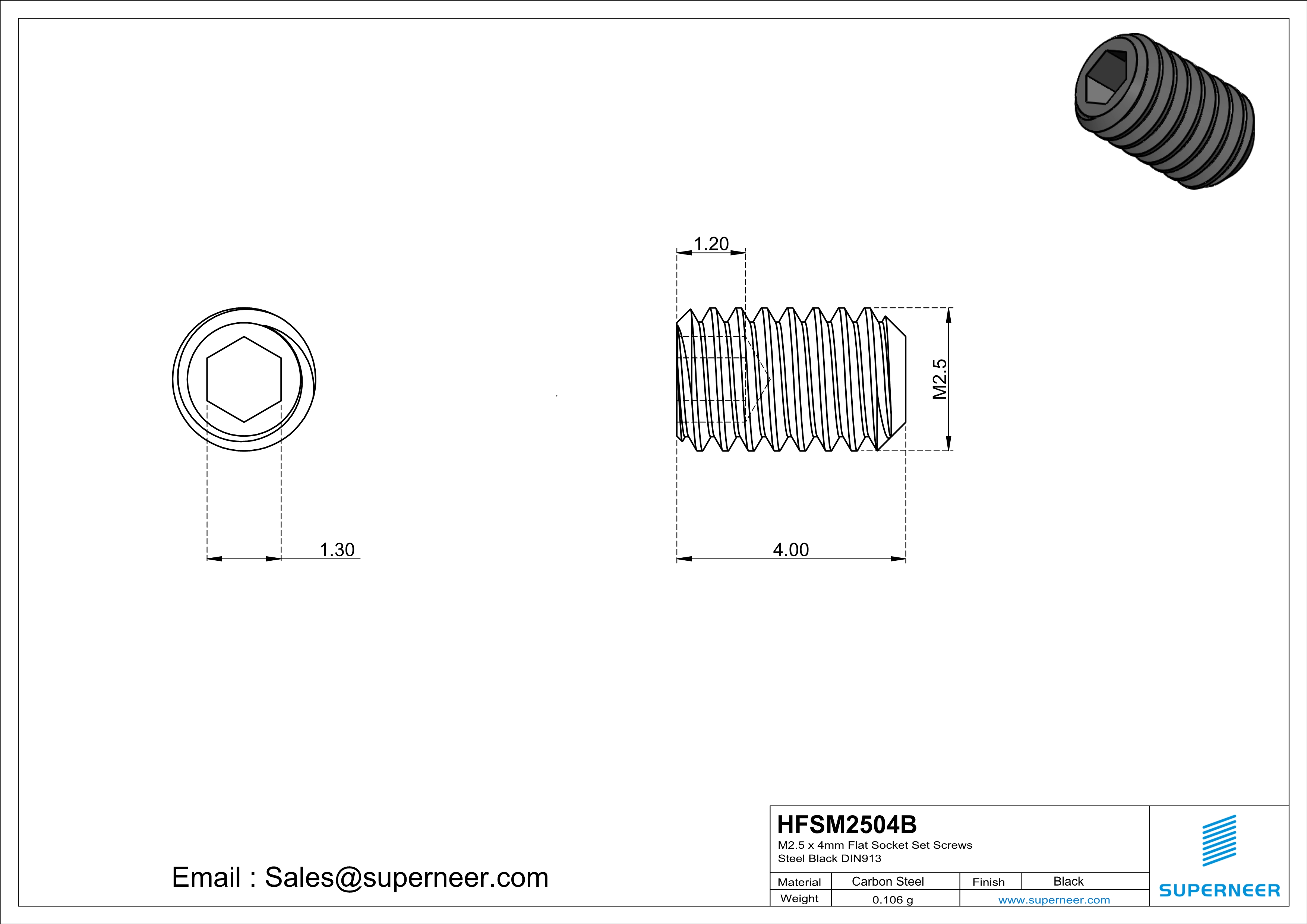 M2.5 x 4mm Flat Socket Set Screws Steel Black DIN913